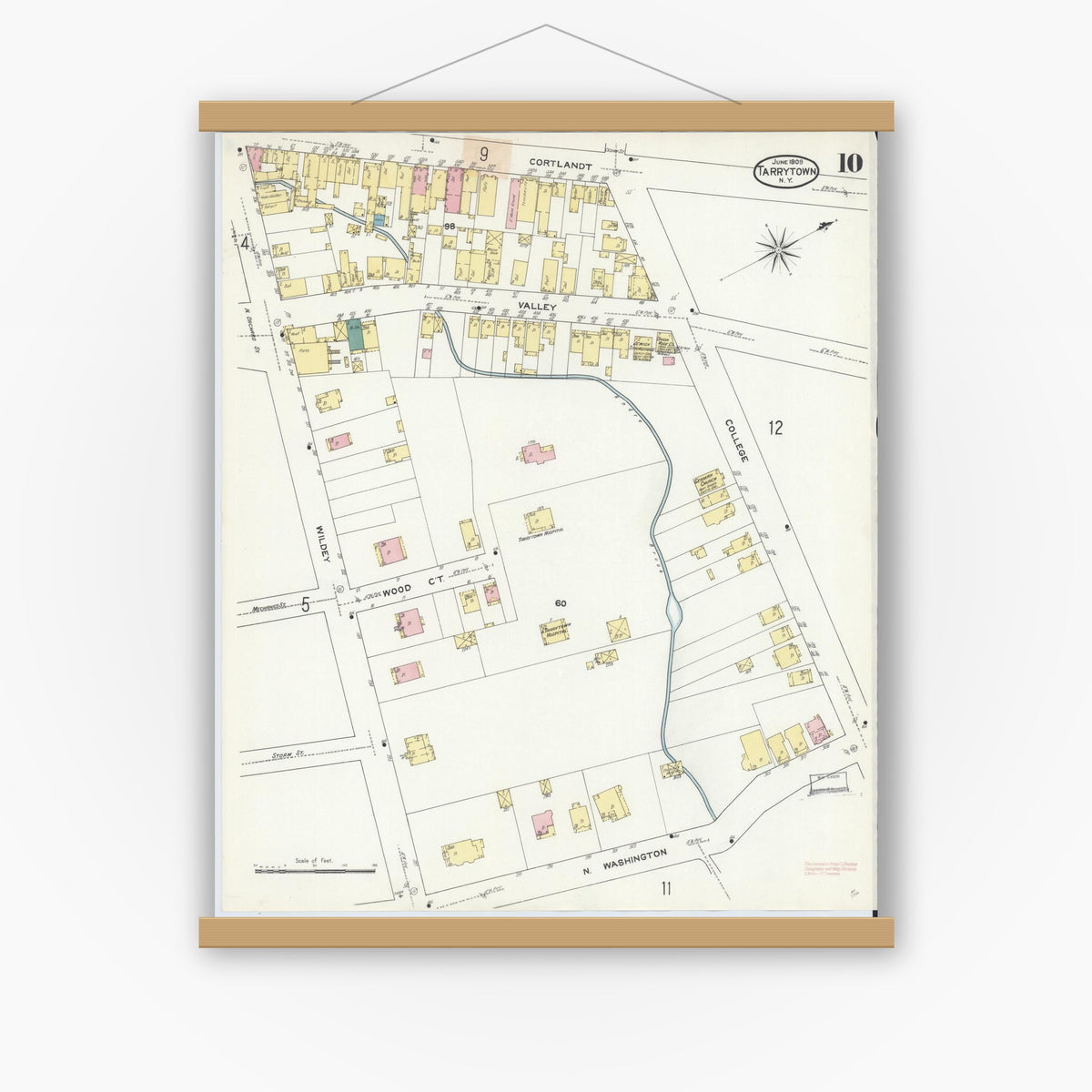 Old map wall art mockup — magnetic wood frame on white wall — Sanborn Fire Insurance Map from Tarrytown, Westchester County, New York (1909), Sheet #0010