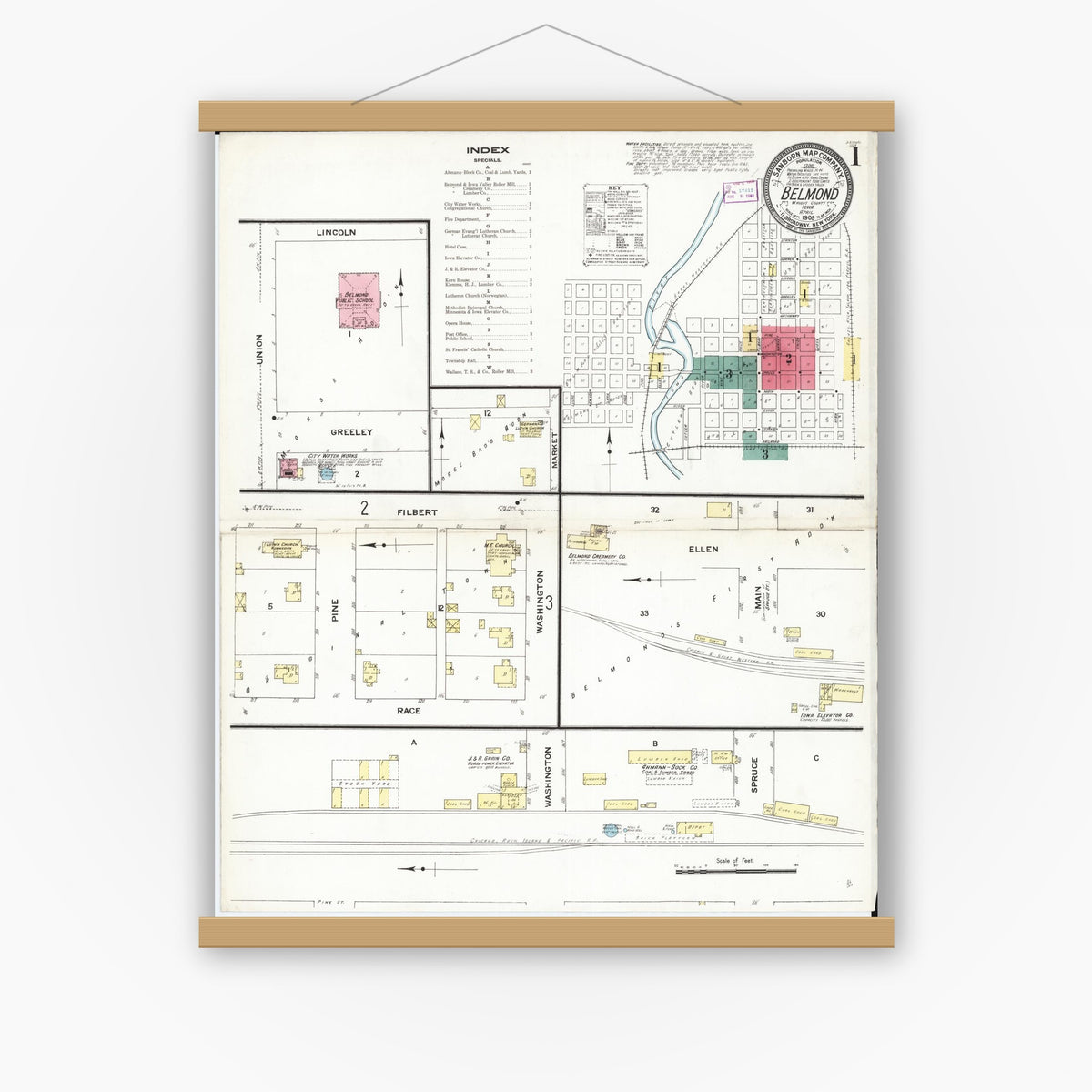 Old map wall art mockup — magnetic wood frame on white wall — Sanborn Fire Insurance Map from Belmond, Wright County, Iowa (1909) â€” Complete Set