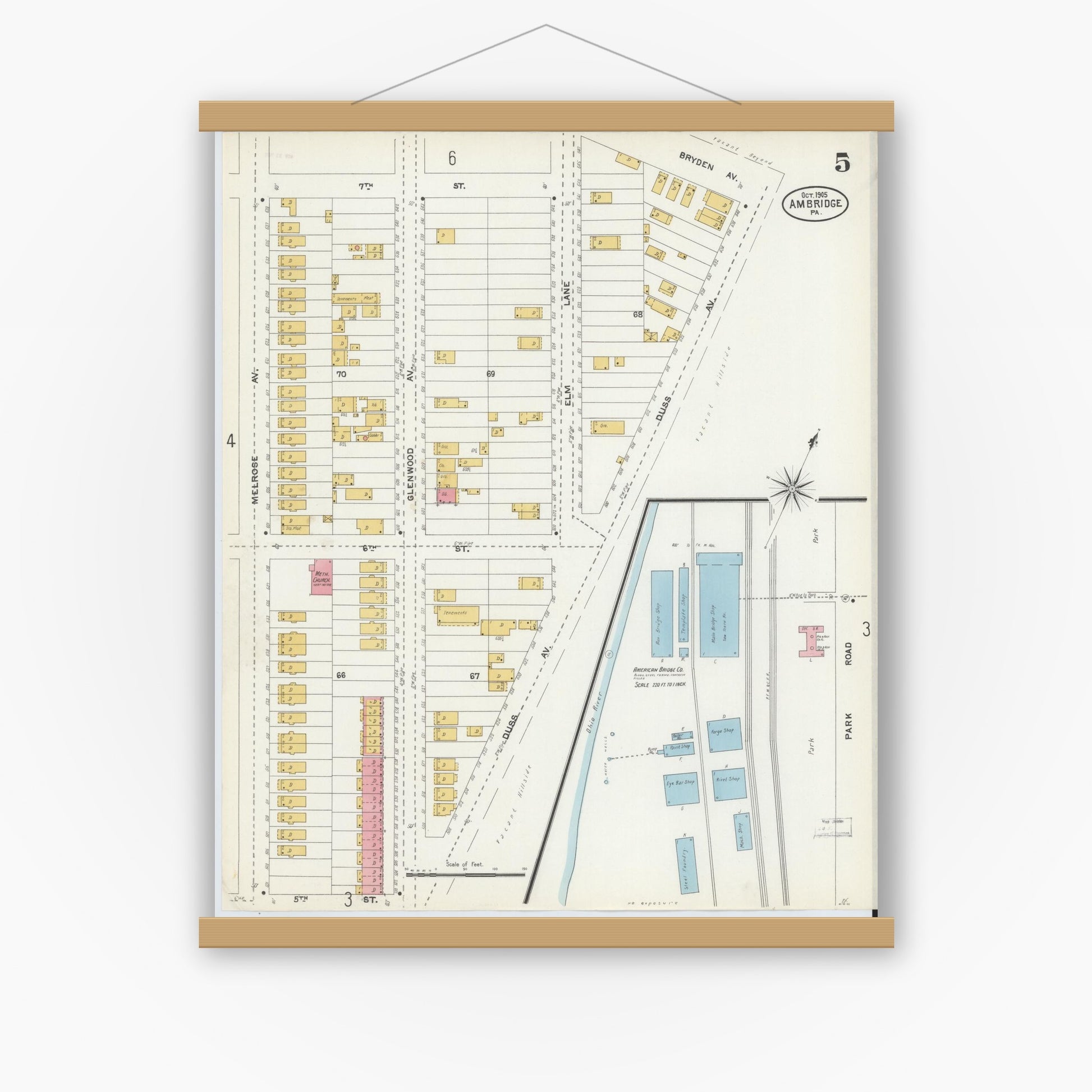Old map wall art mockup — magnetic wood frame on white wall — Sanborn Fire Insurance Map from Ambridge, Beaver County, Pennsylvania (1905), Sheet #0005