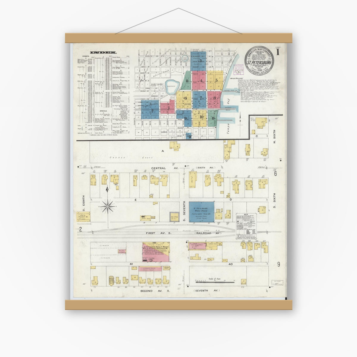 Old map wall art mockup — magnetic wood frame on white wall — Sanborn Fire Insurance Map from Saint Petersburg, Pinellas County, Florida (1908) - Complete Map Set