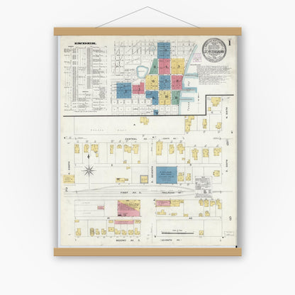 Old map wall art mockup — magnetic wood frame on white wall — Sanborn Fire Insurance Map from Saint Petersburg, Pinellas County, Florida (1908) - Complete Map Set