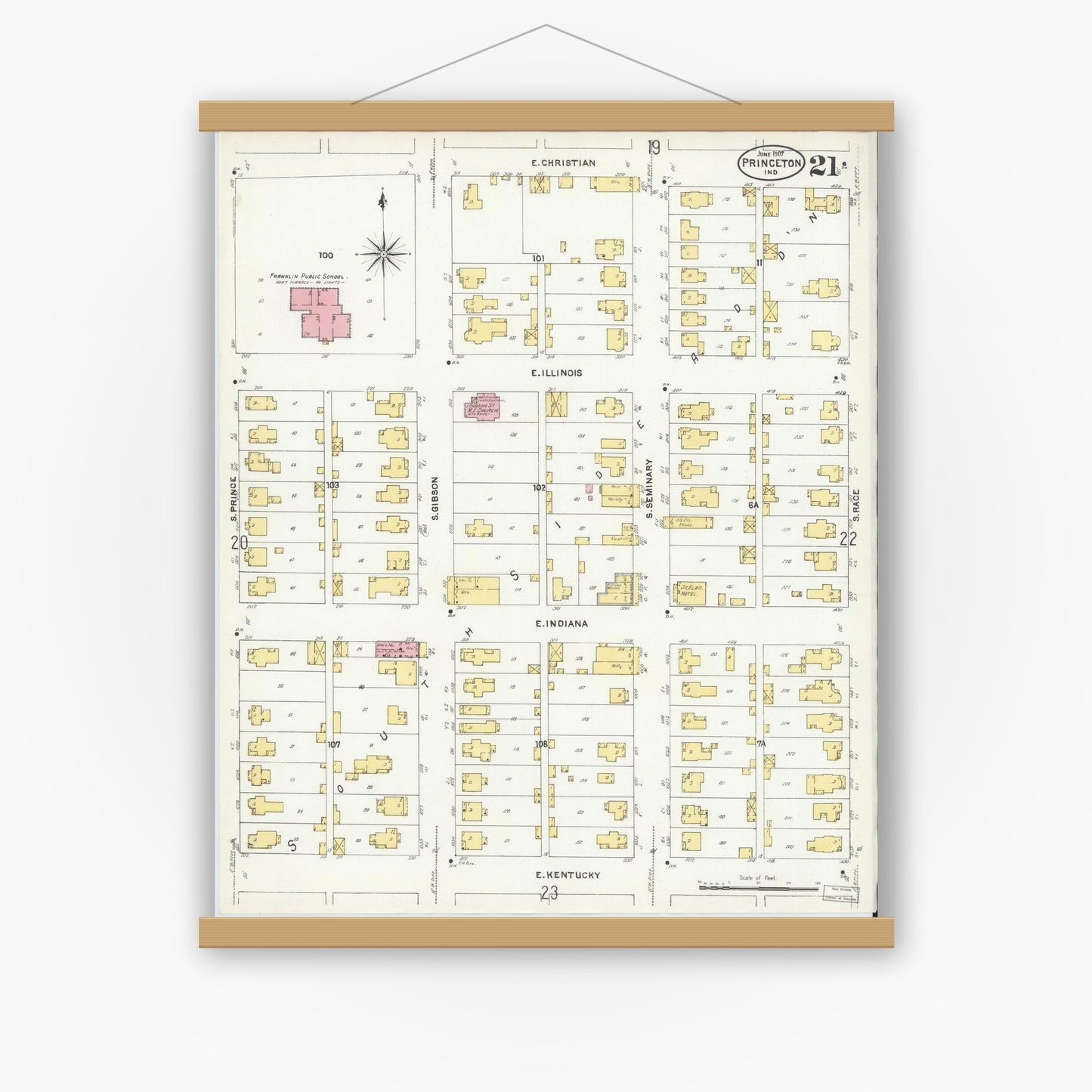 Old map wall art mockup — magnetic wood frame on white wall — Sanborn Fire Insurance Map from Princeton, Gibson County, Indiana (1907), Sheet #0021