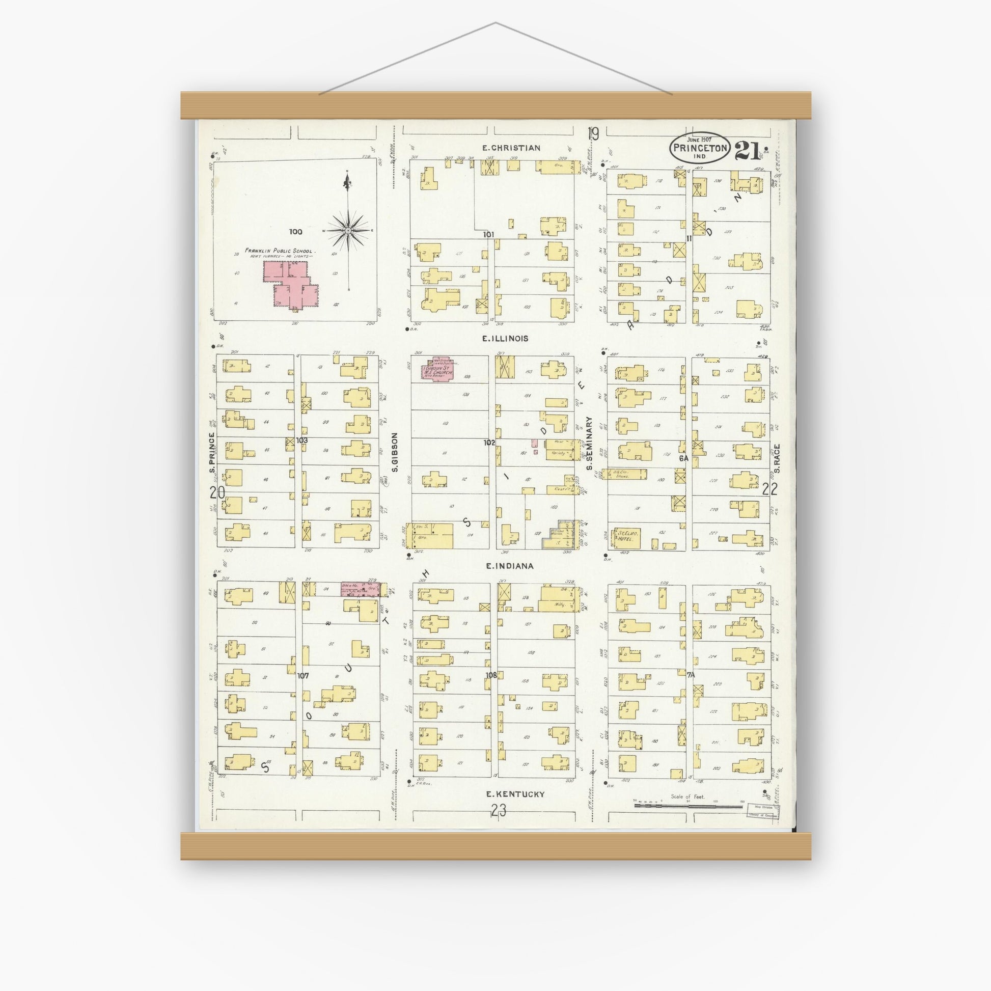 Old map wall art mockup — magnetic wood frame on white wall — Sanborn Fire Insurance Map from Princeton, Gibson County, Indiana (1907), Sheet #0021