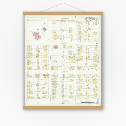 Old map wall art mockup — magnetic wood frame on white wall — Sanborn Fire Insurance Map from Princeton, Gibson County, Indiana (1907), Sheet #0021