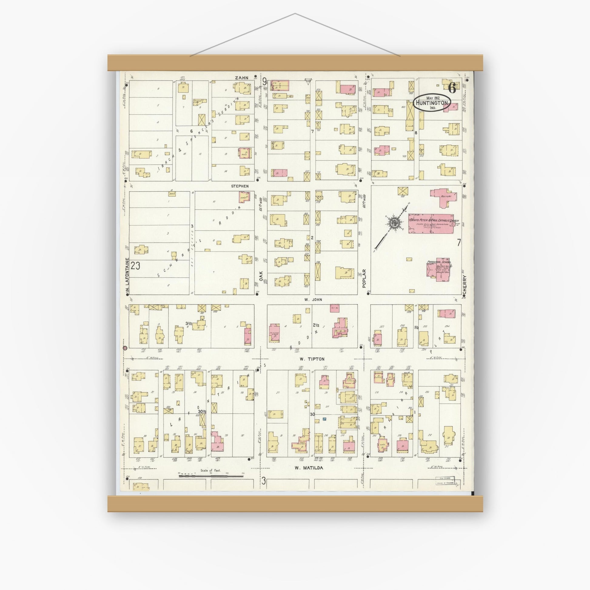 Old map wall art mockup — magnetic wood frame on white wall — Sanborn Fire Insurance Map from Huntington, Huntington County, Indiana (1912), Sheet #0006