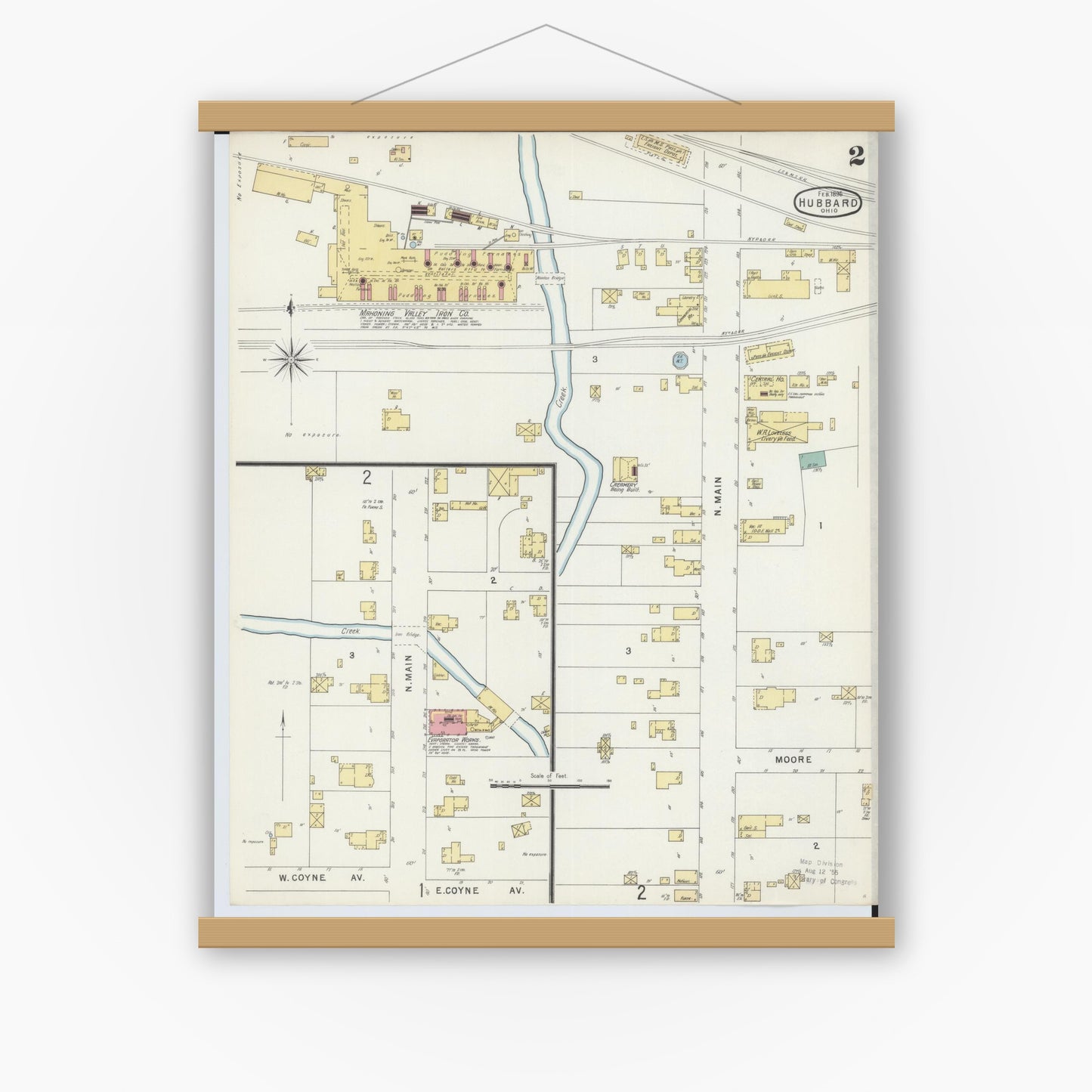 Old map wall art mockup — magnetic wood frame on white wall — Sanborn Fire Insurance Map from Hubbard, Trumbull County, Ohio (1896), Sheet #0002