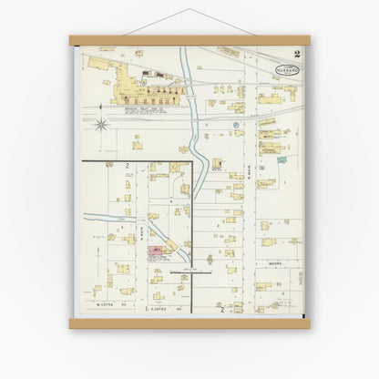 Old map wall art mockup — magnetic wood frame on white wall — Sanborn Fire Insurance Map from Hubbard, Trumbull County, Ohio (1896), Sheet #0002