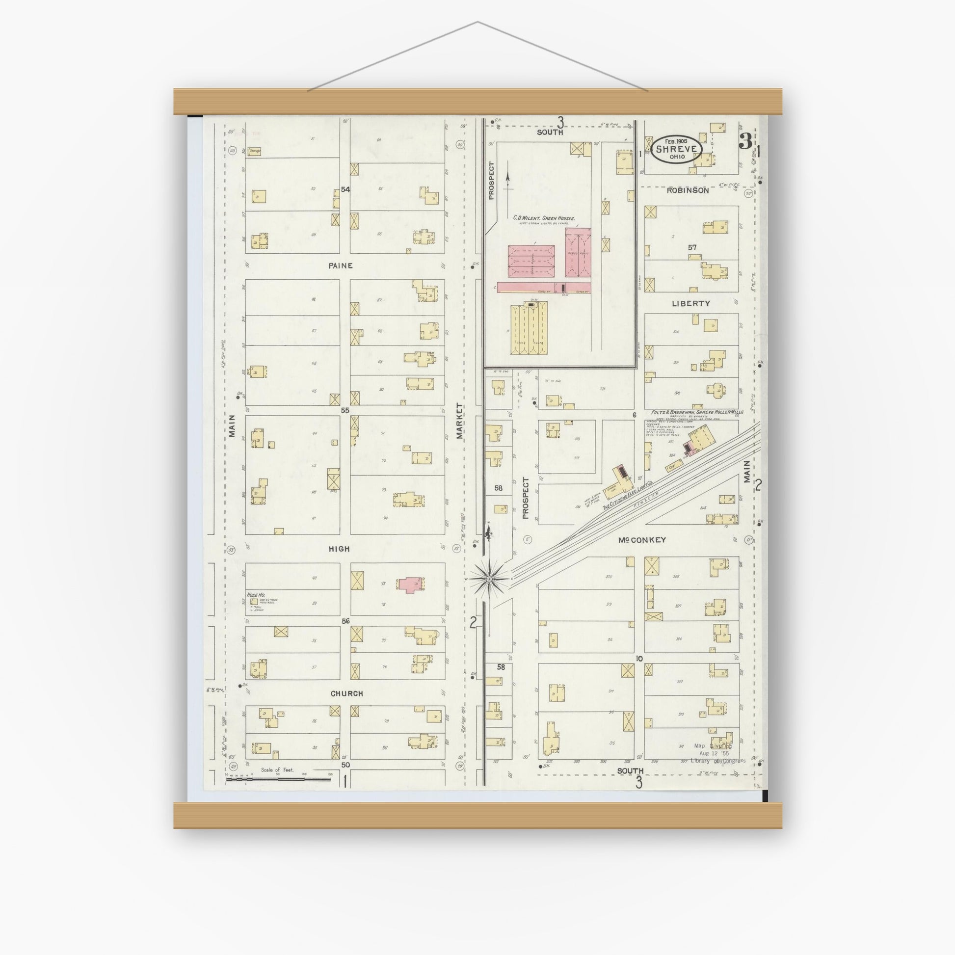 Old map wall art mockup — magnetic wood frame on white wall — Sanborn Fire Insurance Map from Shreve, Wayne County, Ohio (1905), Sheet #0003