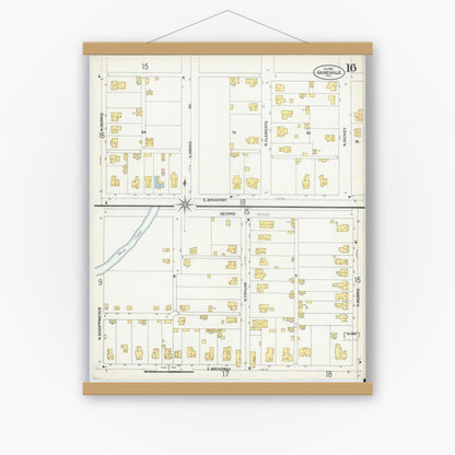 Old map wall art mockup — magnetic wood frame on white wall — Sanborn Fire Insurance Map from Gainesville, Cooke County, Texas (1902), Sheet #0016