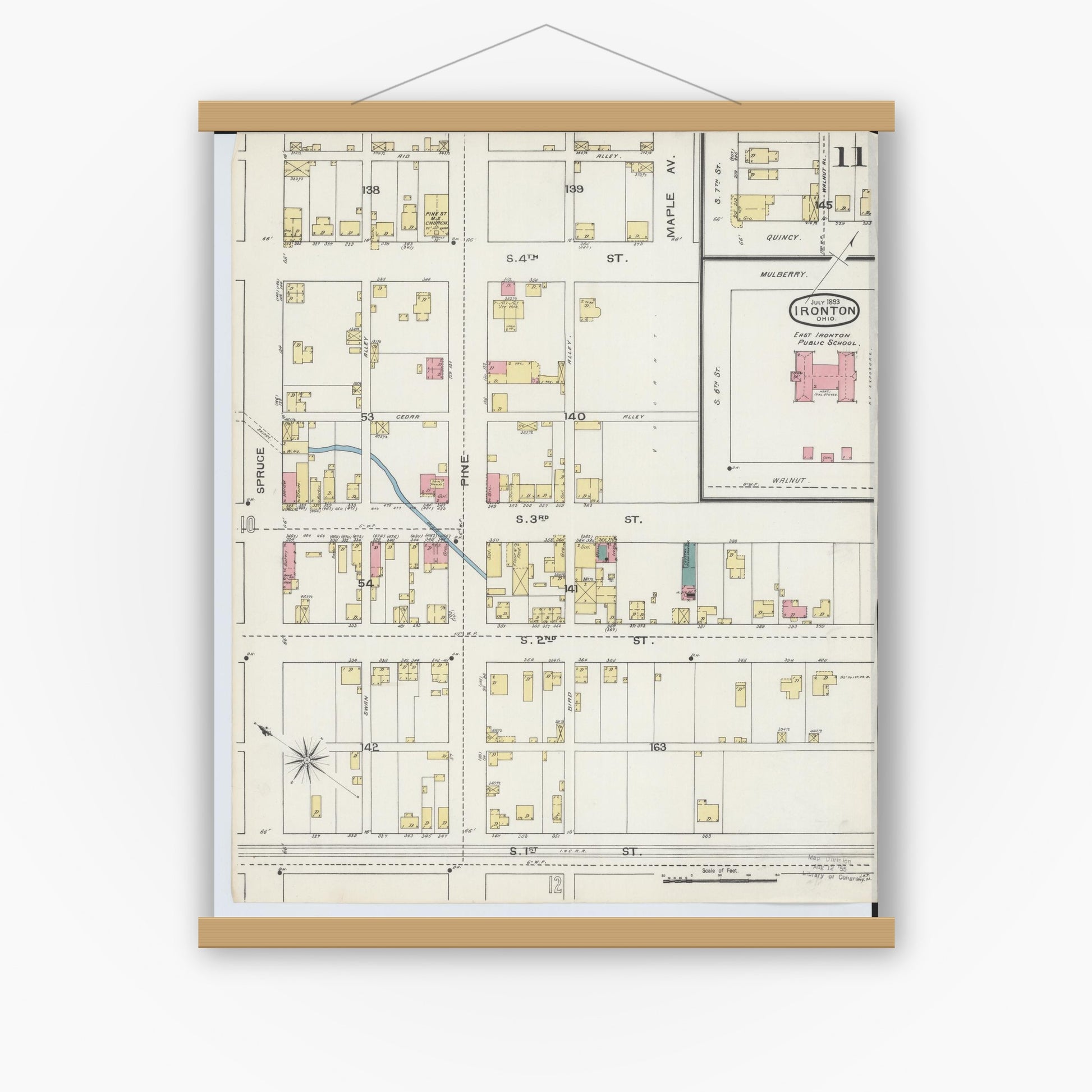 Old map wall art mockup — magnetic wood frame on white wall — Sanborn Fire Insurance Map from Ironton, Lawrence County, Ohio (1893), Sheet #0011