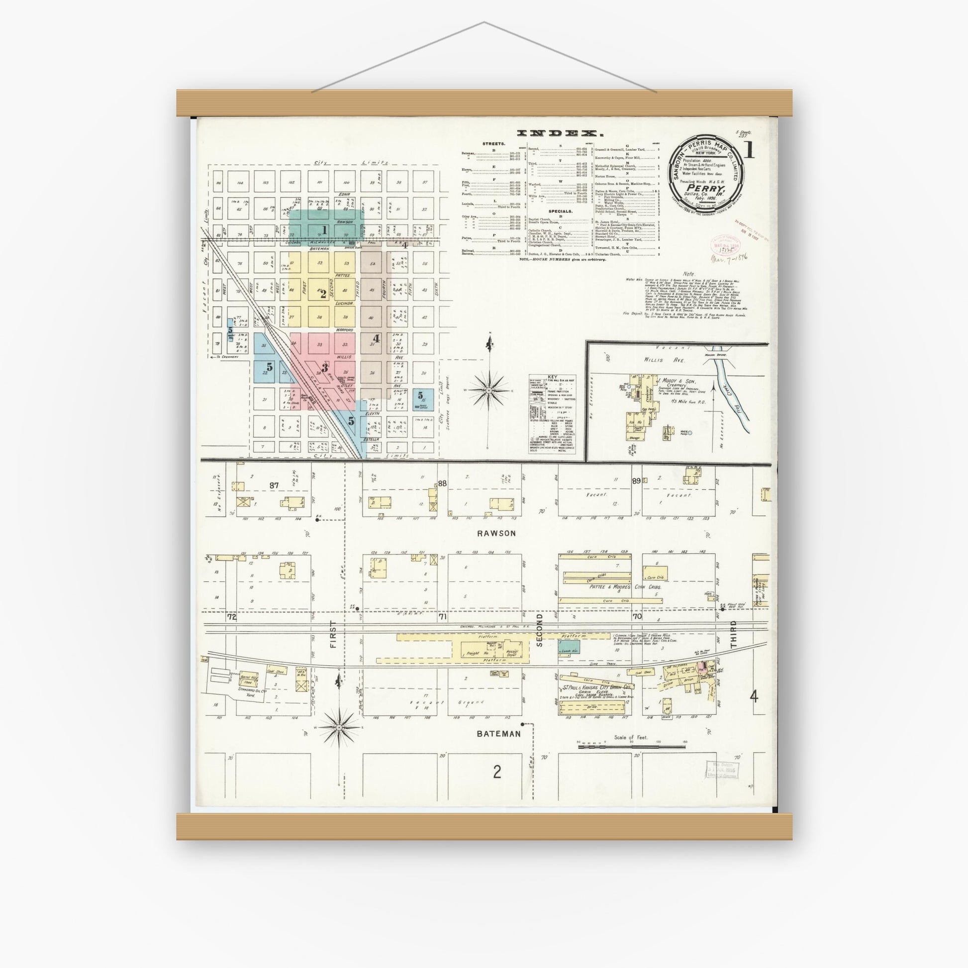 Old map wall art mockup — magnetic wood frame on white wall — Sanborn Fire Insurance Map from Perry, Dallas County, Iowa (1896) â€” Complete Set