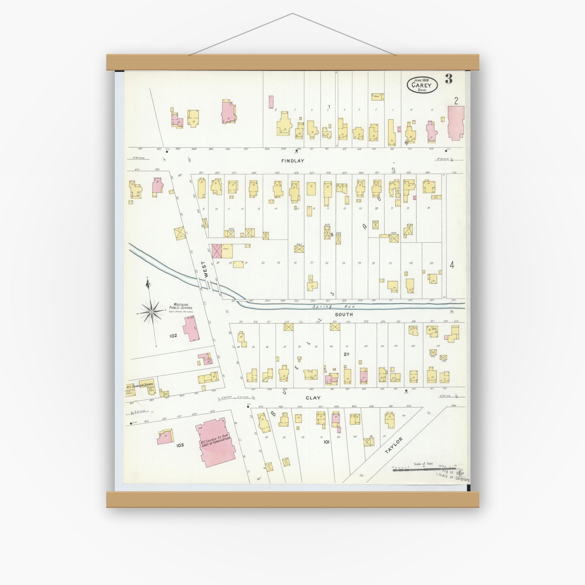 Old map wall art mockup — magnetic wood frame on white wall — Sanborn Fire Insurance Map from Carey, Wyandot County, Ohio (1908), Sheet #0003