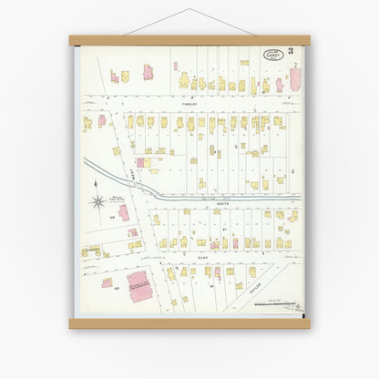 Old map wall art mockup — magnetic wood frame on white wall — Sanborn Fire Insurance Map from Carey, Wyandot County, Ohio (1908), Sheet #0003