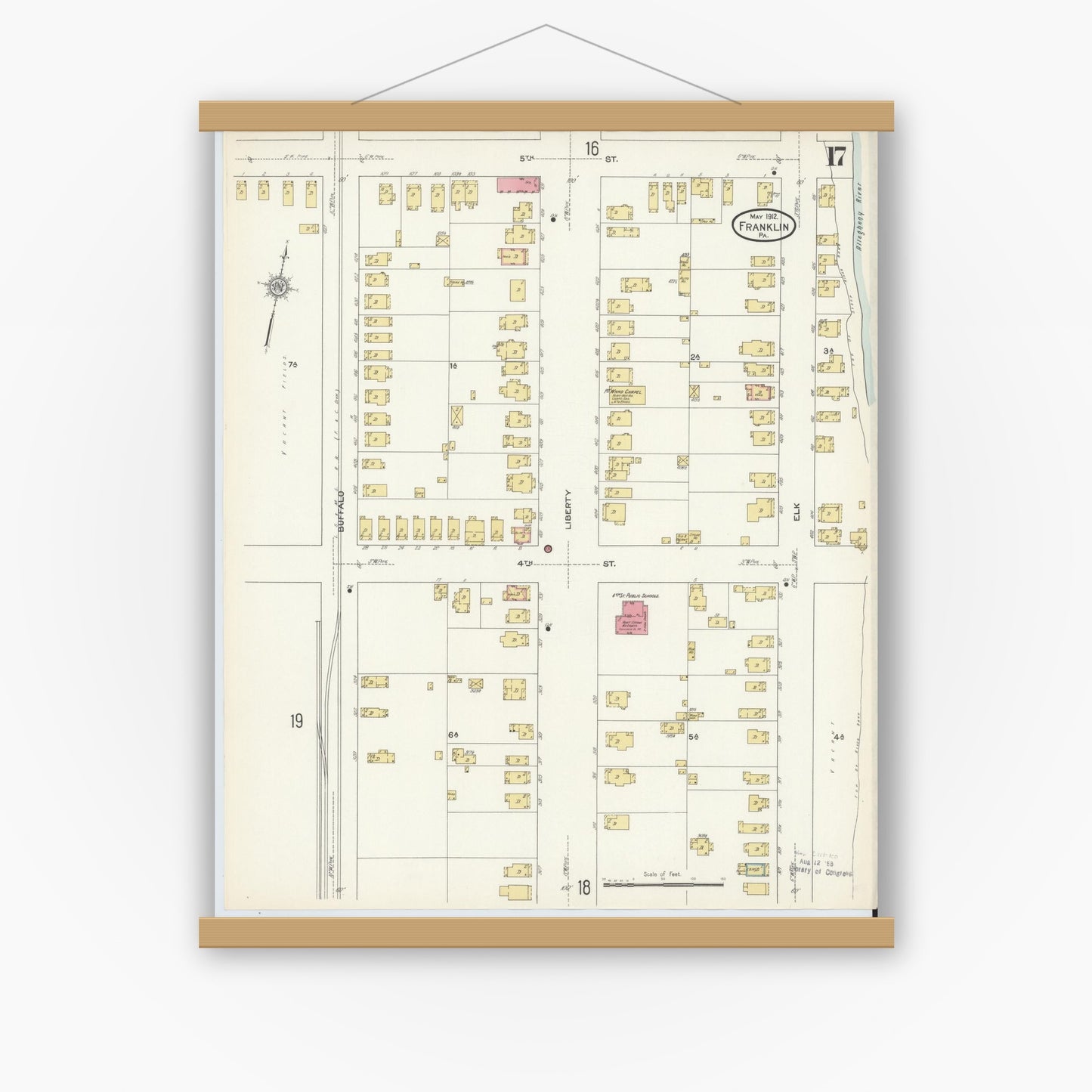 Old map wall art mockup — magnetic wood frame on white wall — Sanborn Fire Insurance Map from Franklin, Venango County, Pennsylvania (1912), Sheet #0017