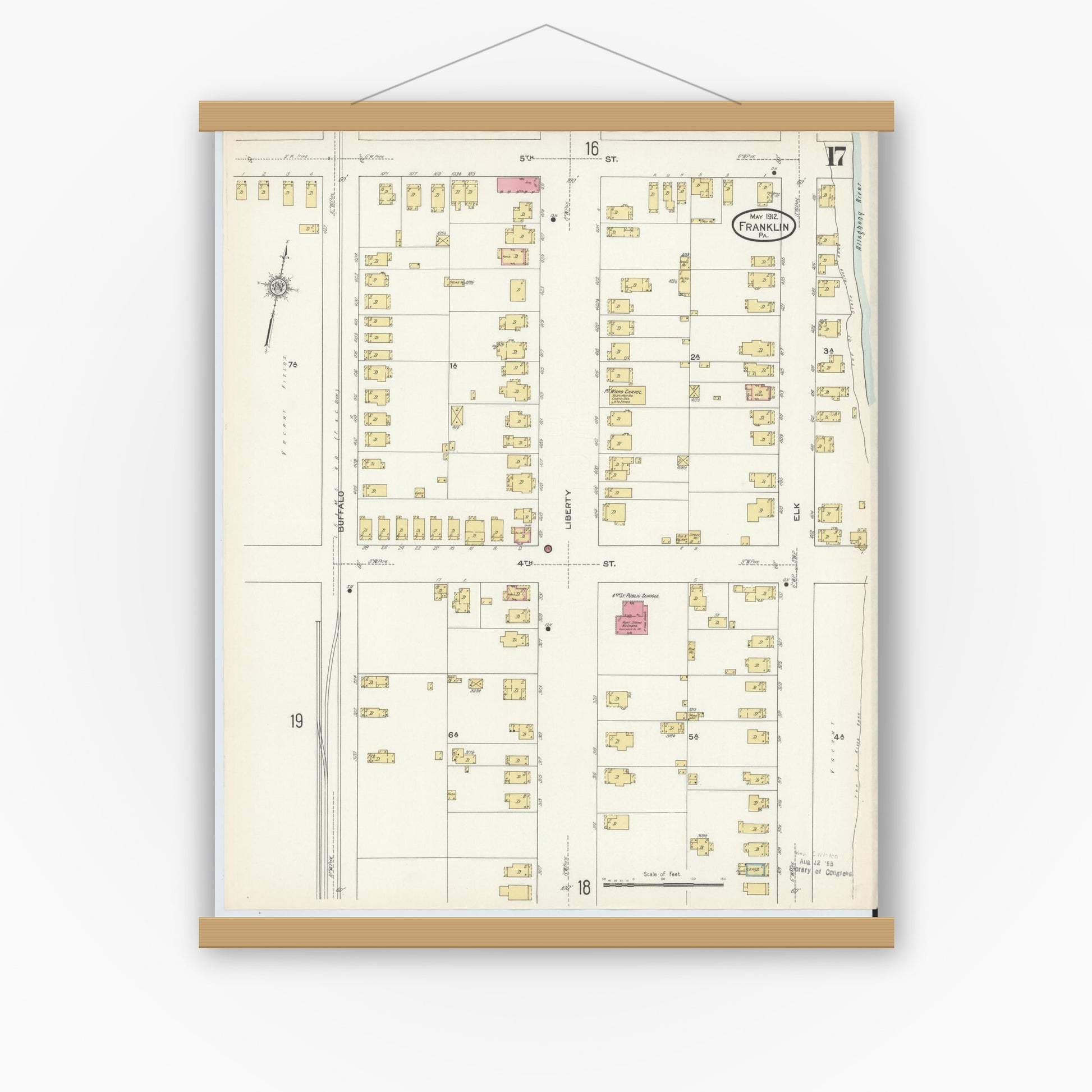 Old map wall art mockup — magnetic wood frame on white wall — Sanborn Fire Insurance Map from Franklin, Venango County, Pennsylvania (1912), Sheet #0017