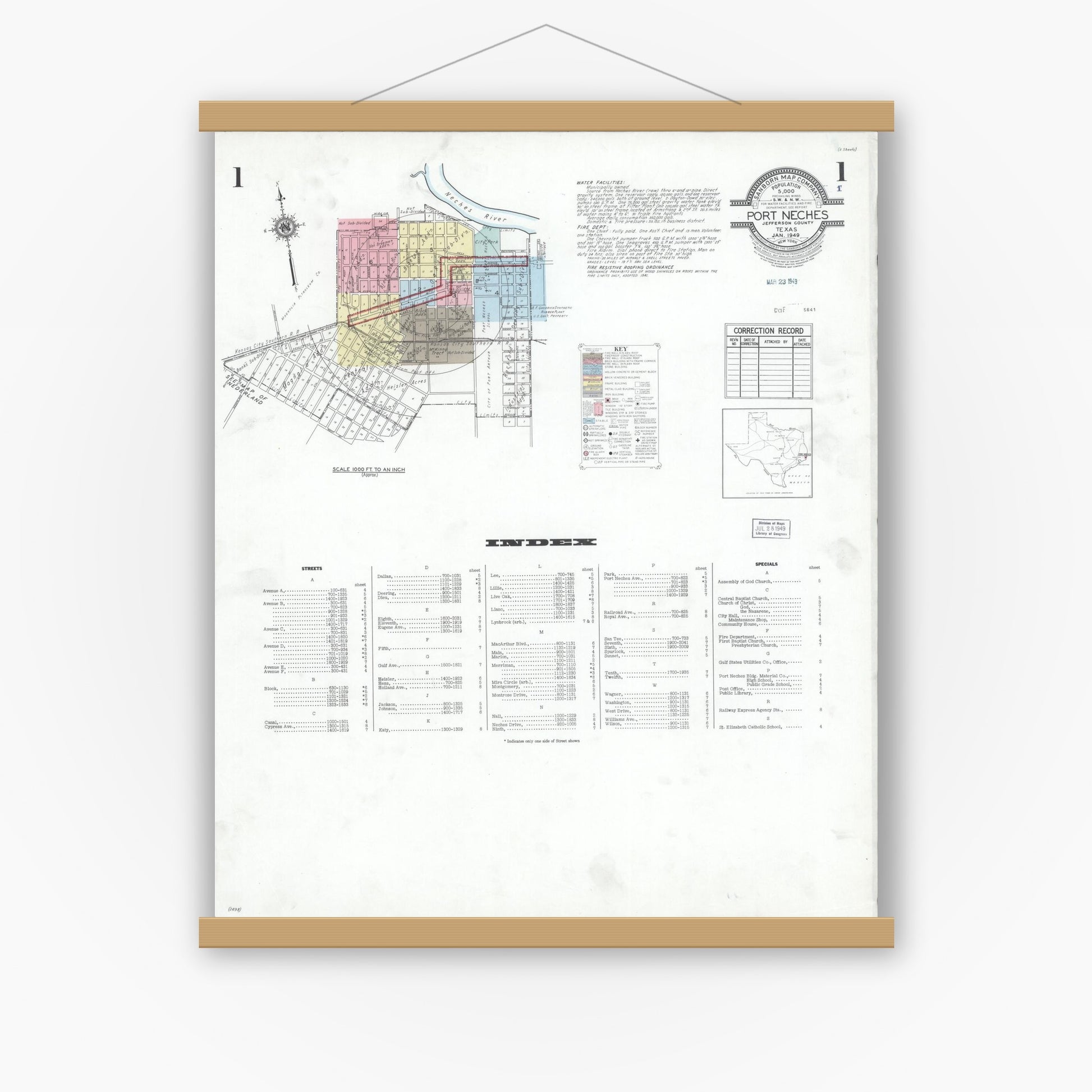 Old map wall art mockup — magnetic wood frame on white wall — Sanborn Fire Insurance Map from Port Neches, Jefferson County, Texas (1949), Sheet #0001