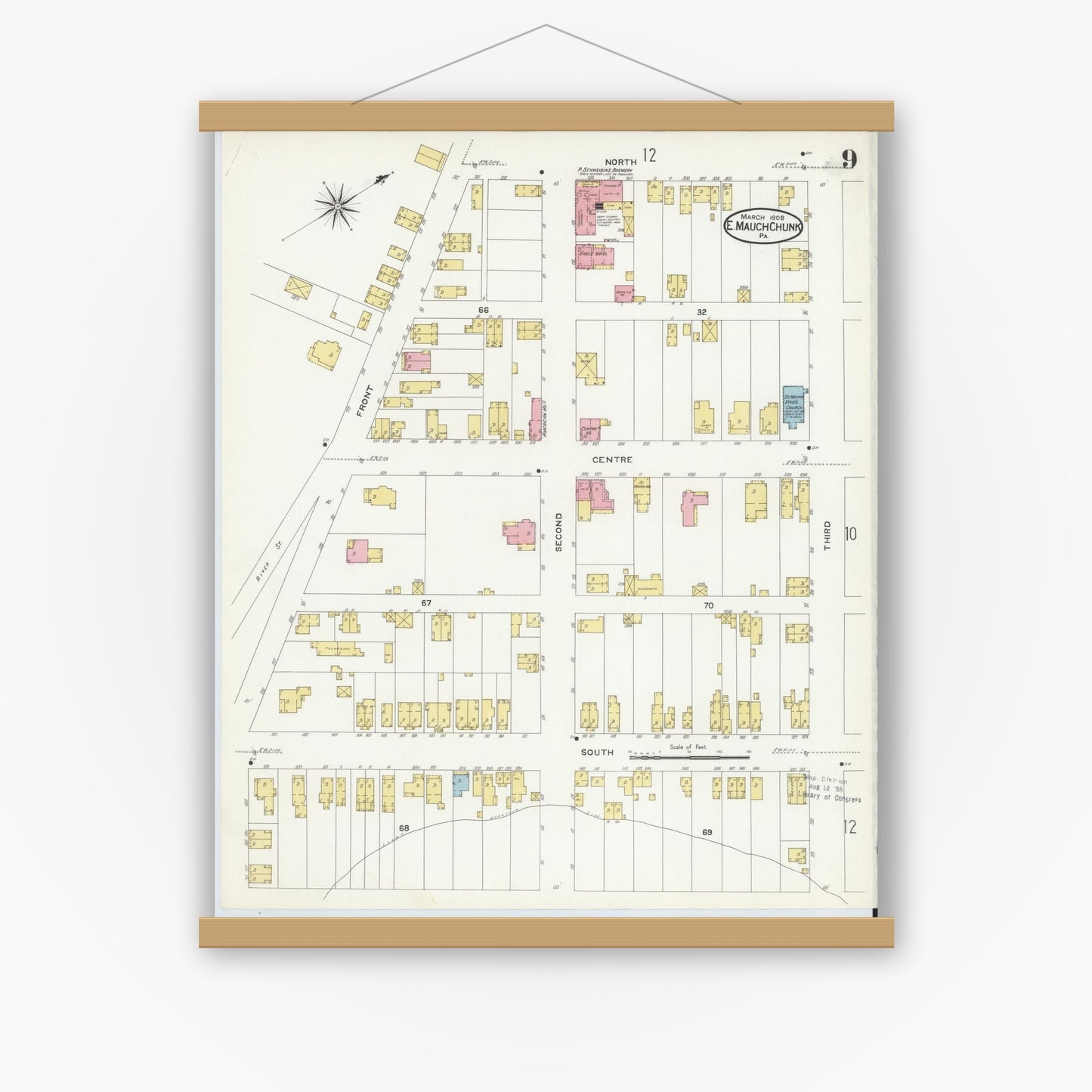 Old map wall art mockup — magnetic wood frame on white wall — Sanborn Fire Insurance Map from Mauch Chunk, Carbon County, Pennsylvania (1908), Sheet #0009