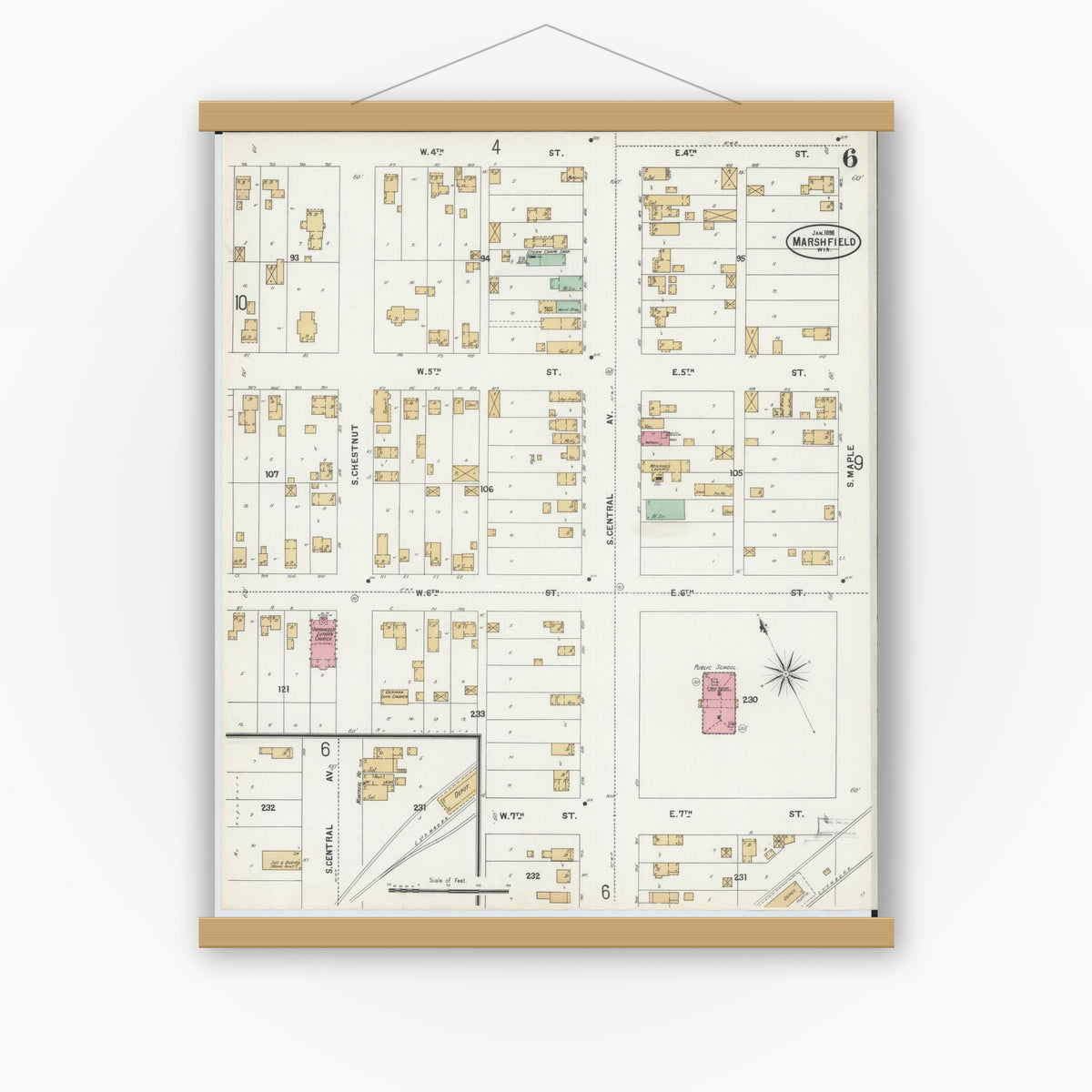 Old map wall art mockup — magnetic wood frame on white wall — Sanborn Fire Insurance Map from Marshfield, Wood County, Wisconsin (1898), Sheet #0006