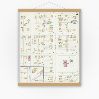 Old map wall art mockup — magnetic wood frame on white wall — Sanborn Fire Insurance Map from Marshfield, Wood County, Wisconsin (1898), Sheet #0006