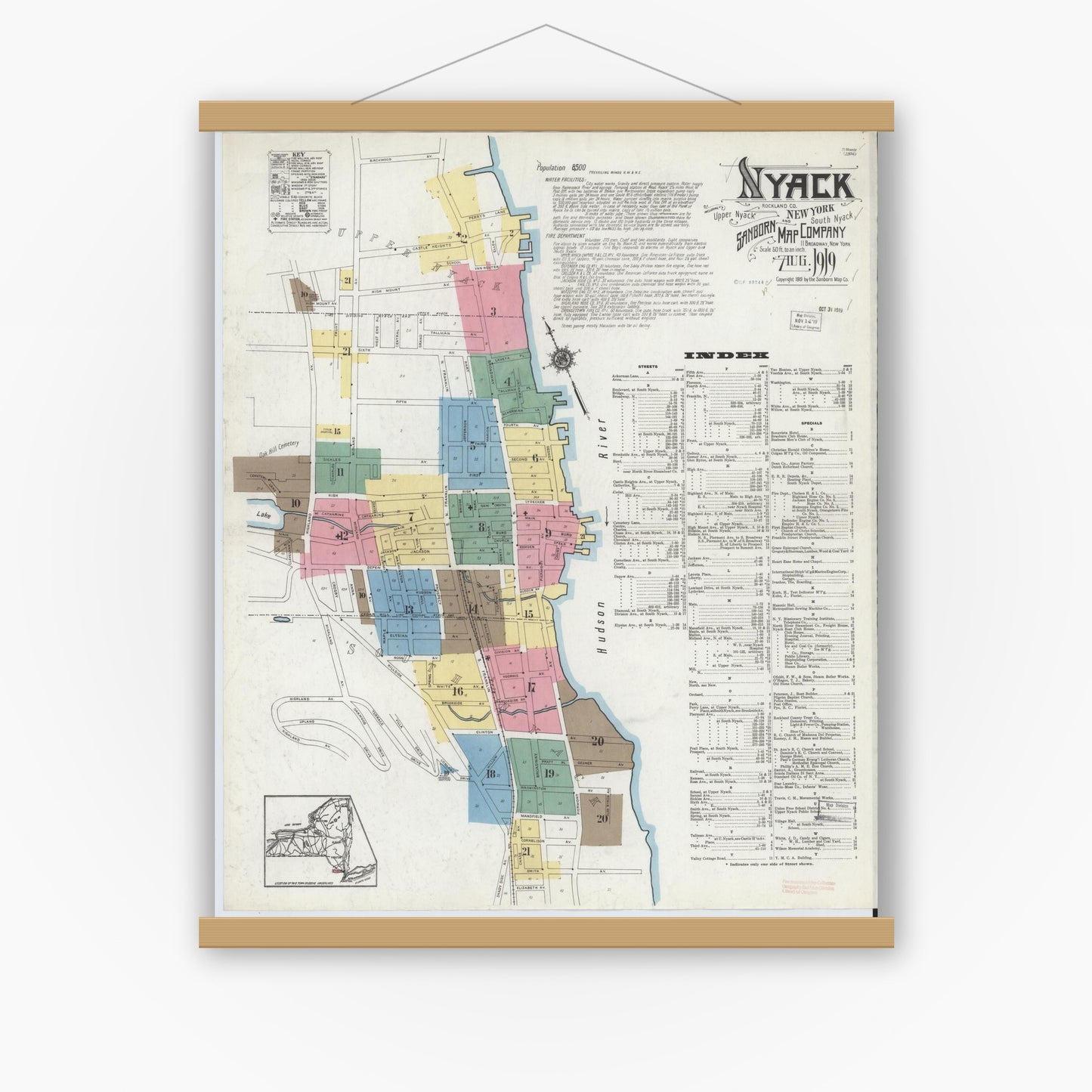 Old map wall art mockup — magnetic wood frame on white wall — Sanborn Fire Insurance Map from Nyack, Rockland County, New York. (1919), Sheet #0000