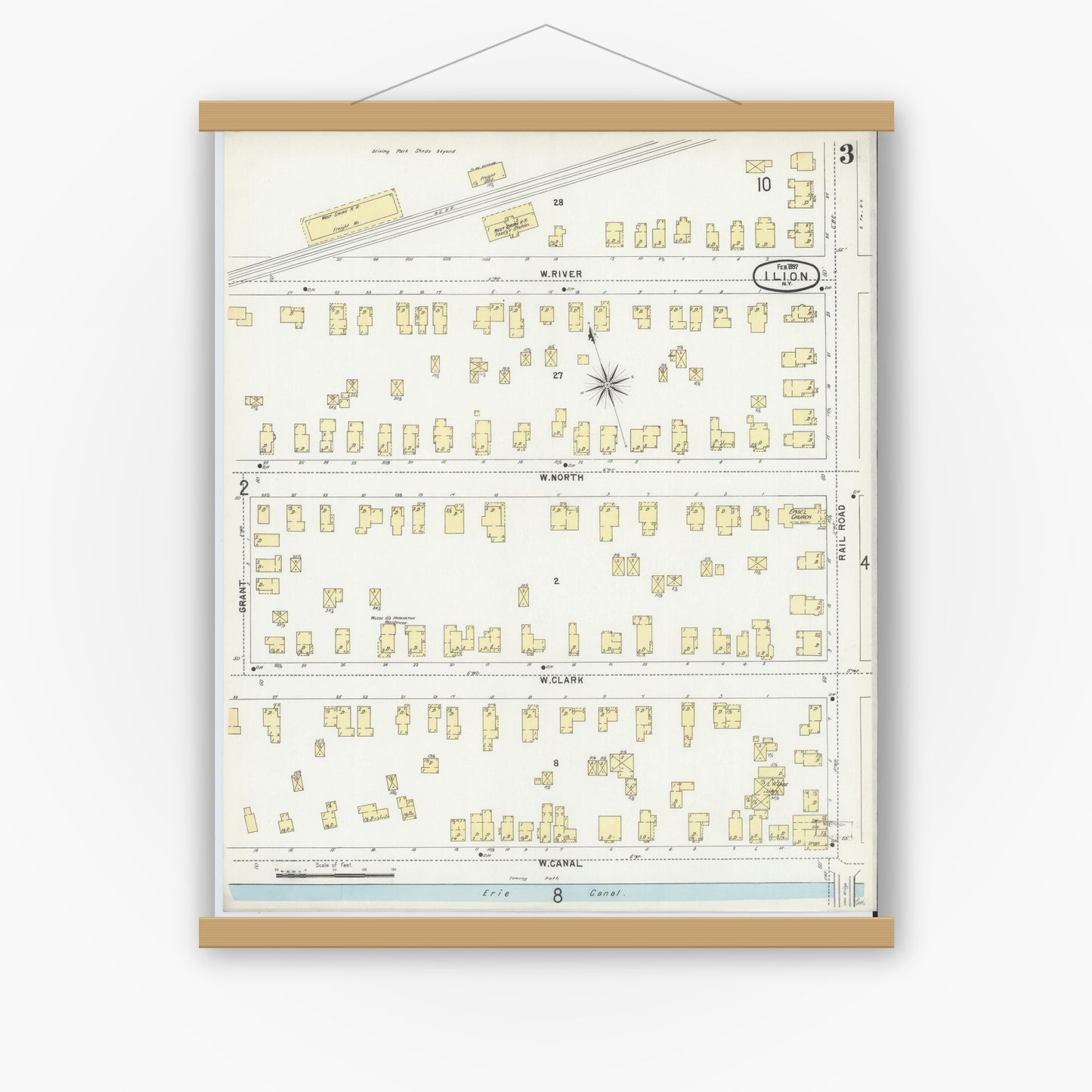 Old map wall art mockup — magnetic wood frame on white wall — Sanborn Fire Insurance Map from Ilion, Herkimer County, New York (1897), Sheet #0003