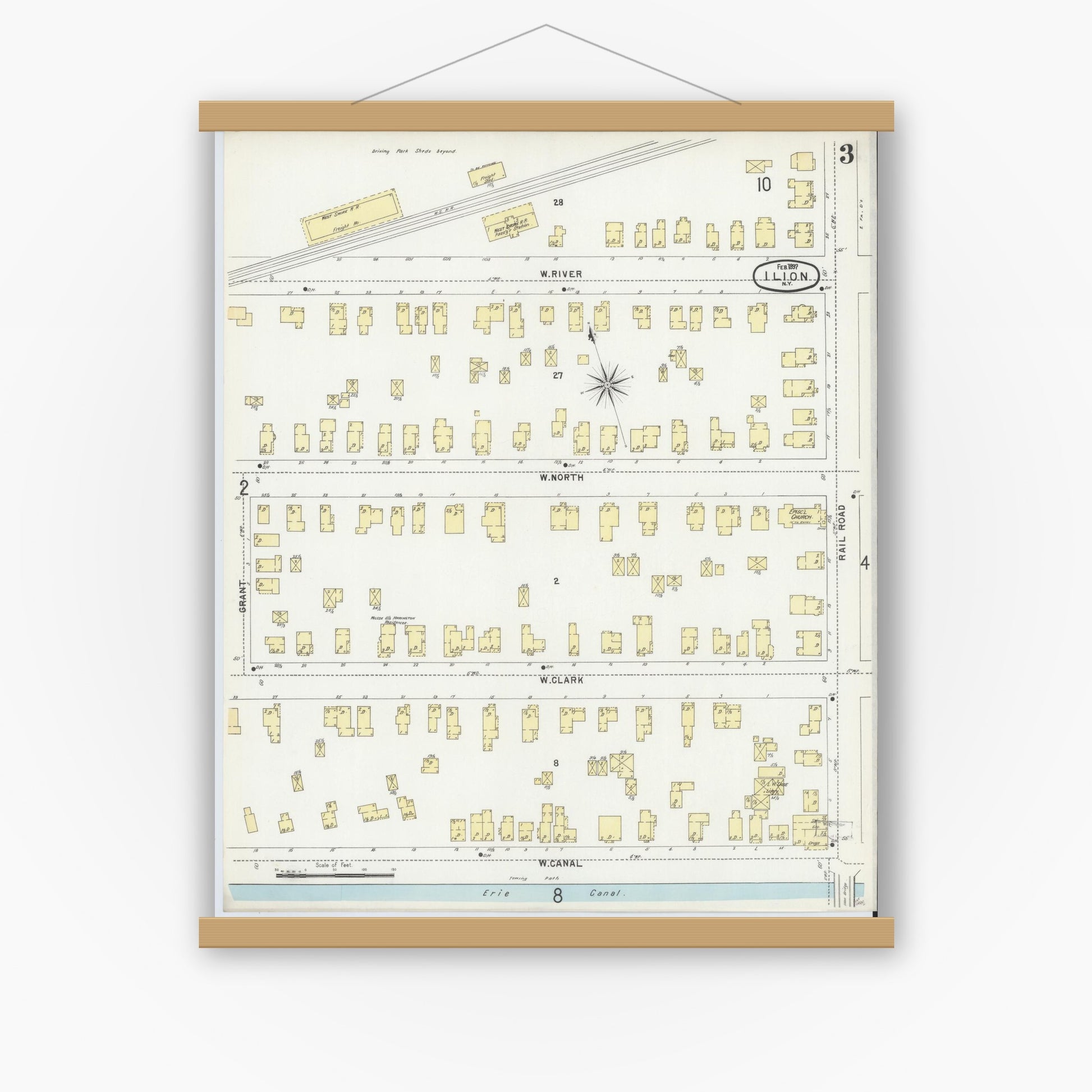 Old map wall art mockup — magnetic wood frame on white wall — Sanborn Fire Insurance Map from Ilion, Herkimer County, New York (1897), Sheet #0003