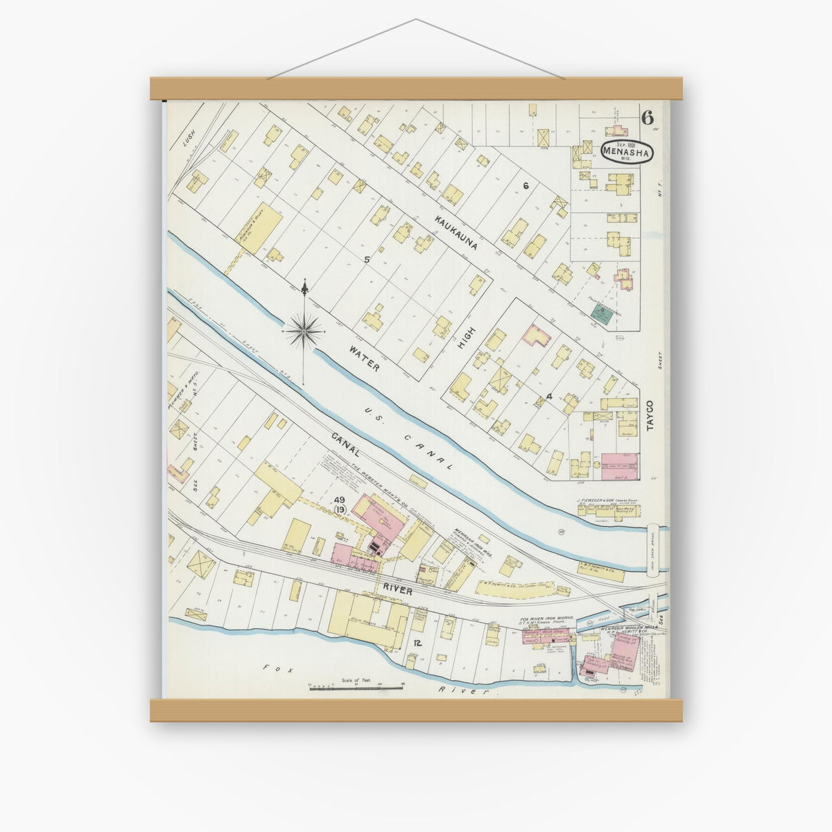 Old map wall art mockup — magnetic wood frame on white wall — Sanborn Fire Insurance Map from Menasha, Winnebago County, Wisconsin (1891), Sheet #0006