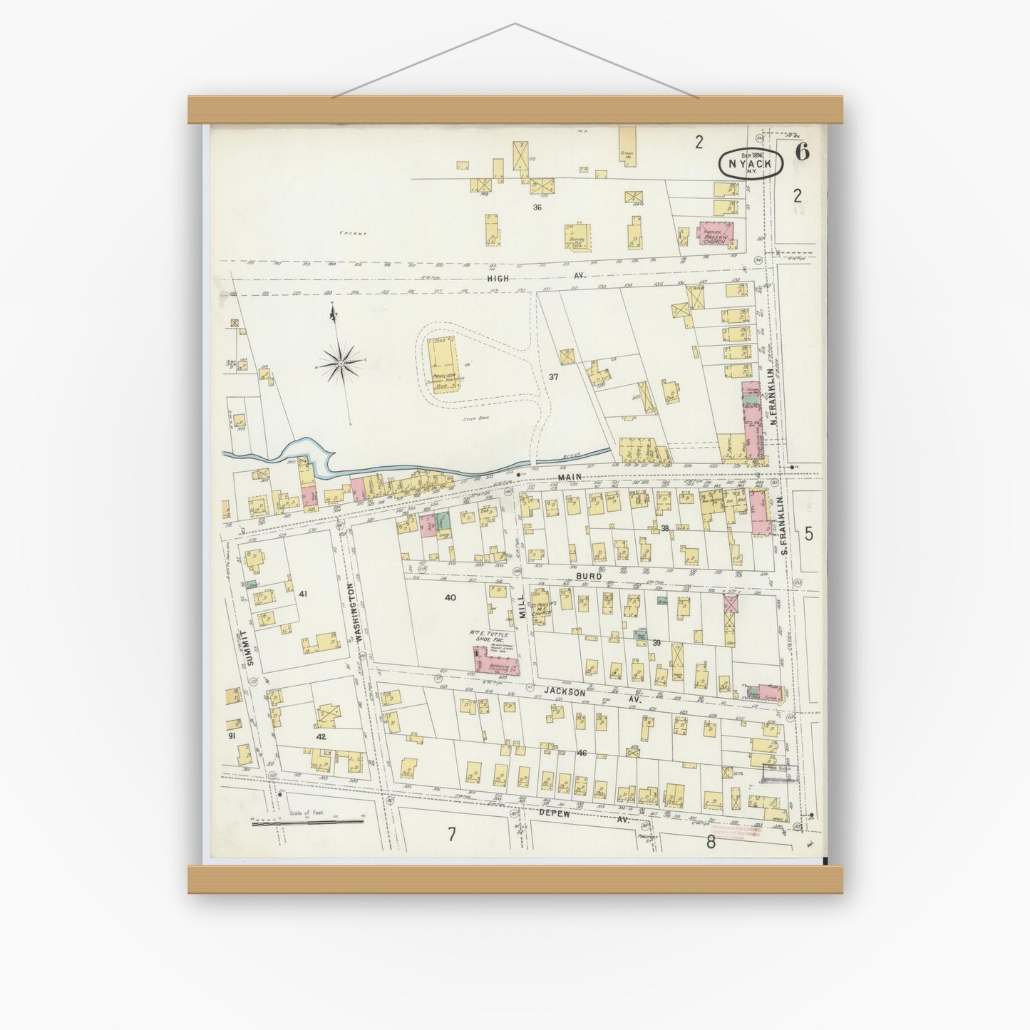 Old map wall art mockup — magnetic wood frame on white wall — Sanborn Fire Insurance Map from Nyack, Rockland County, New York. (1896), Sheet #0006