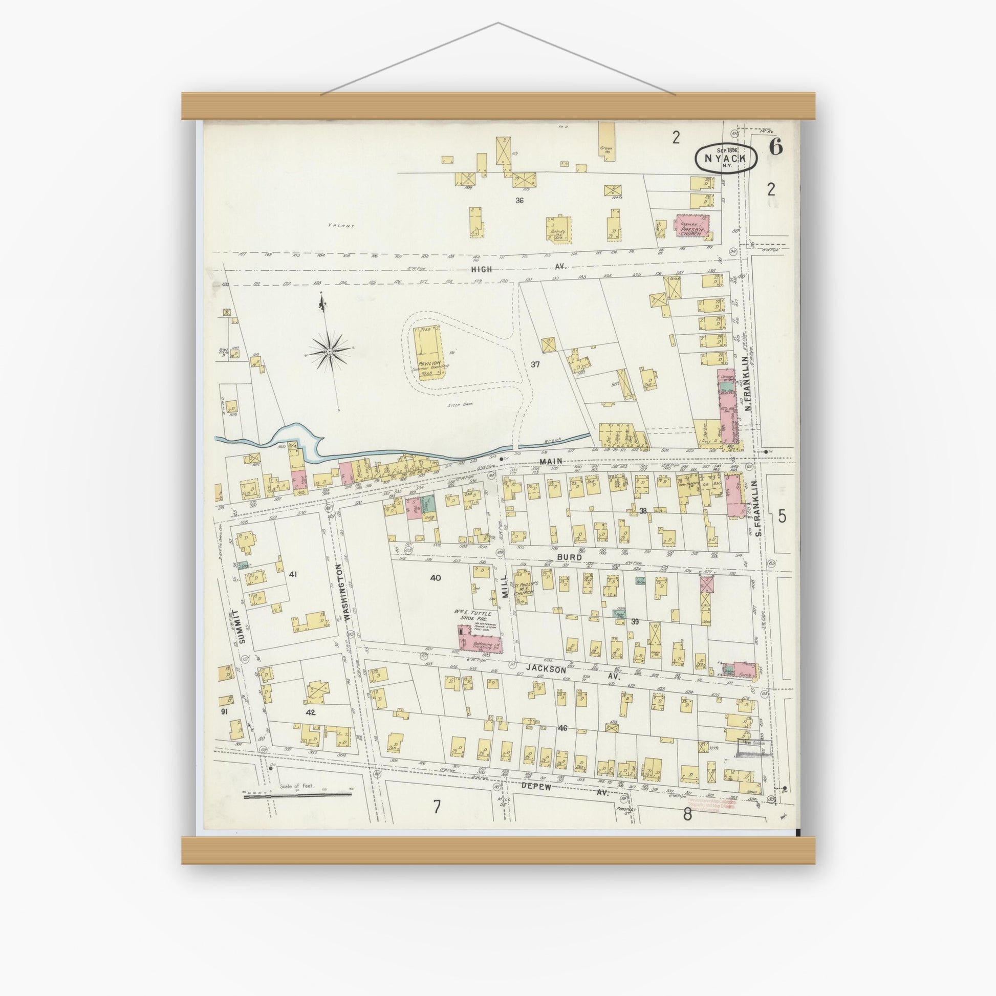 Old map wall art mockup — magnetic wood frame on white wall — Sanborn Fire Insurance Map from Nyack, Rockland County, New York. (1896), Sheet #0006