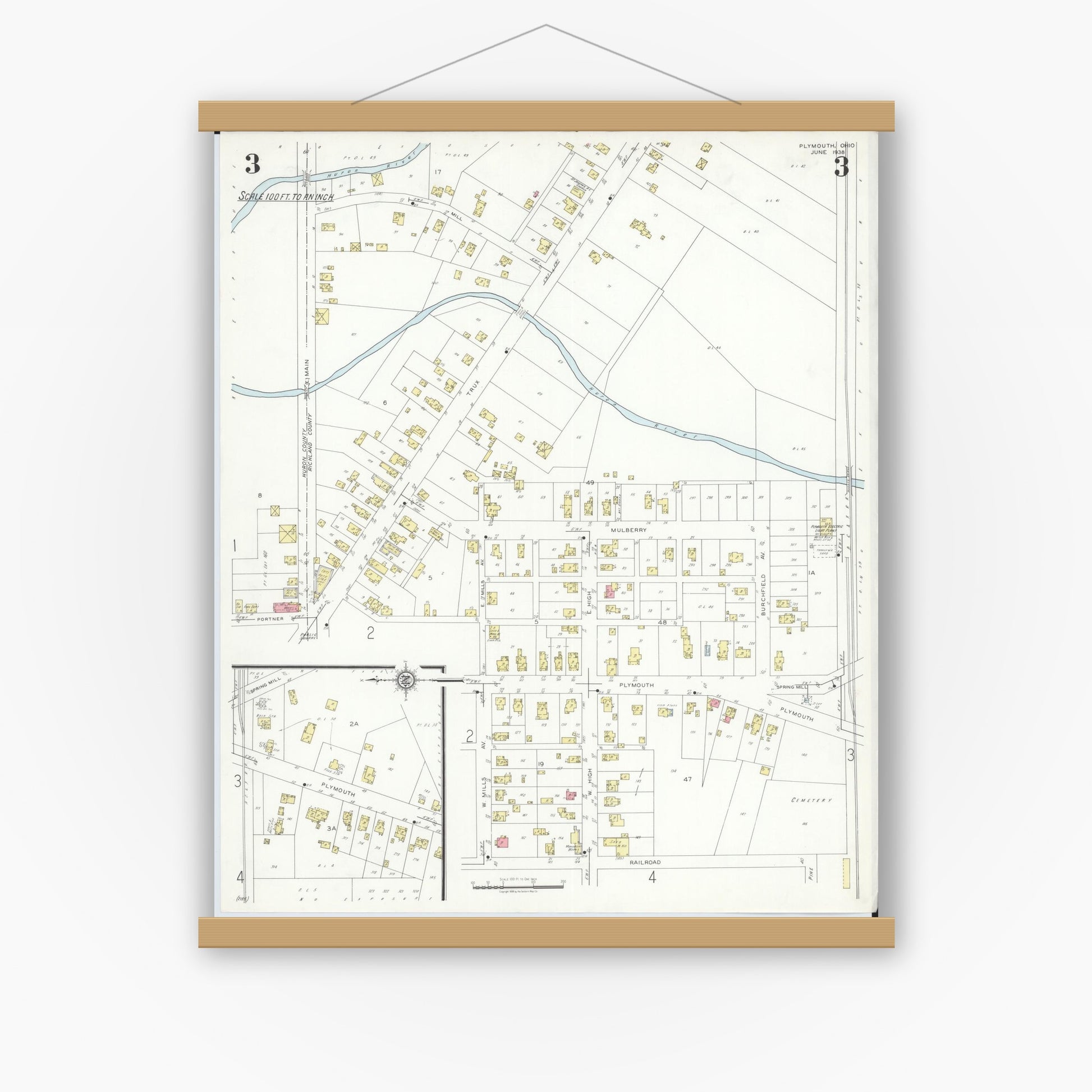 Old map wall art mockup — magnetic wood frame on white wall — Sanborn Fire Insurance Map from Plymouth, Huron And Richland Counties, Ohio (1938), Sheet #0003