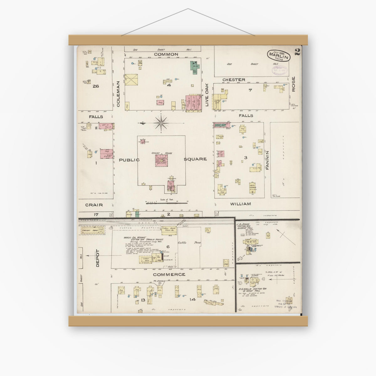 Old map wall art mockup — magnetic wood frame on white wall — Sanborn Fire Insurance Map from Marlin, Falls County, Texas (1885), Sheet #0002