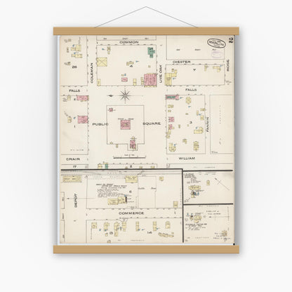 Old map wall art mockup — magnetic wood frame on white wall — Sanborn Fire Insurance Map from Marlin, Falls County, Texas (1885), Sheet #0002