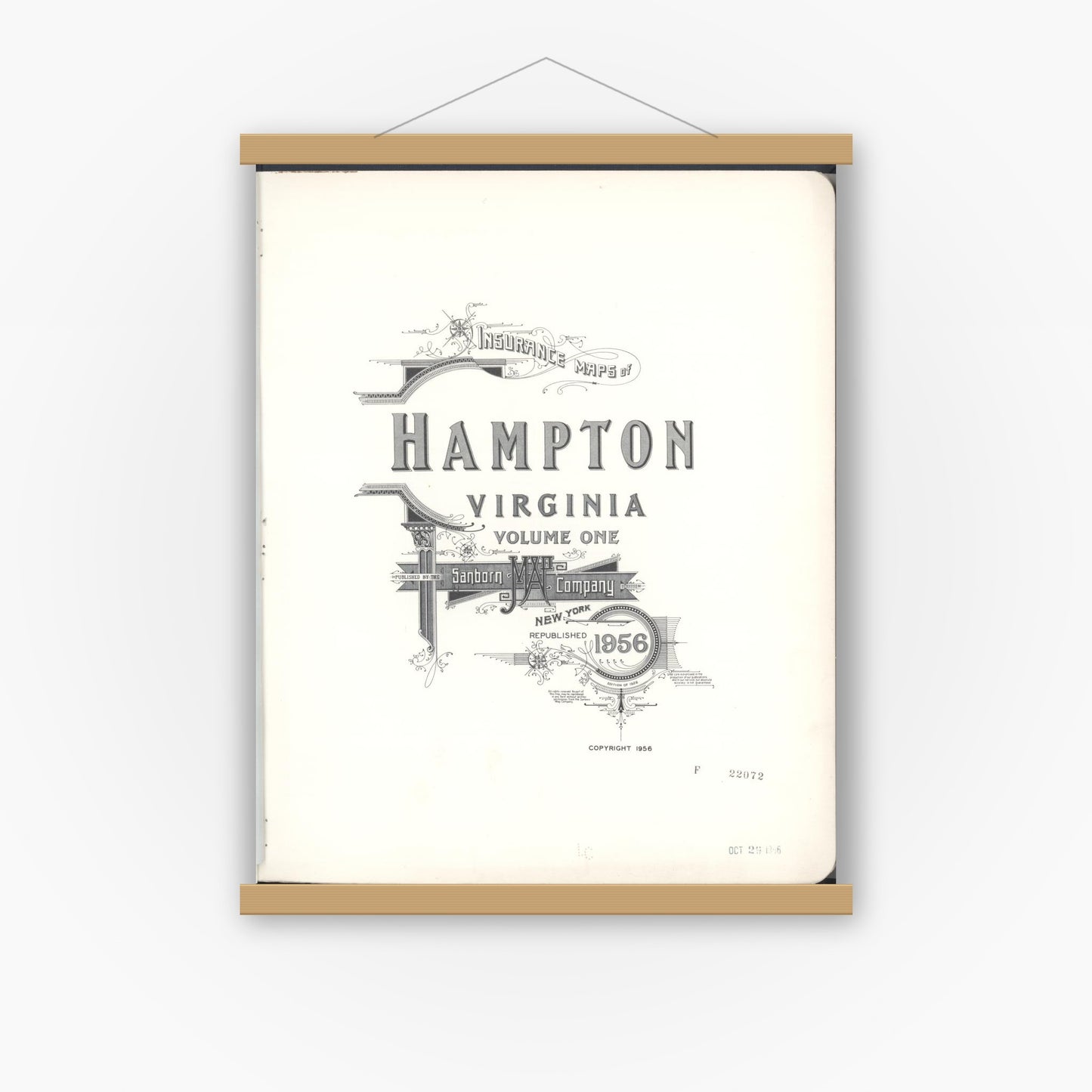 Old map wall art mockup — magnetic wood frame on white wall — Sanborn Fire Insurance Map from Hampton, Independent Cities, Virginia (1956), Sheet #0001