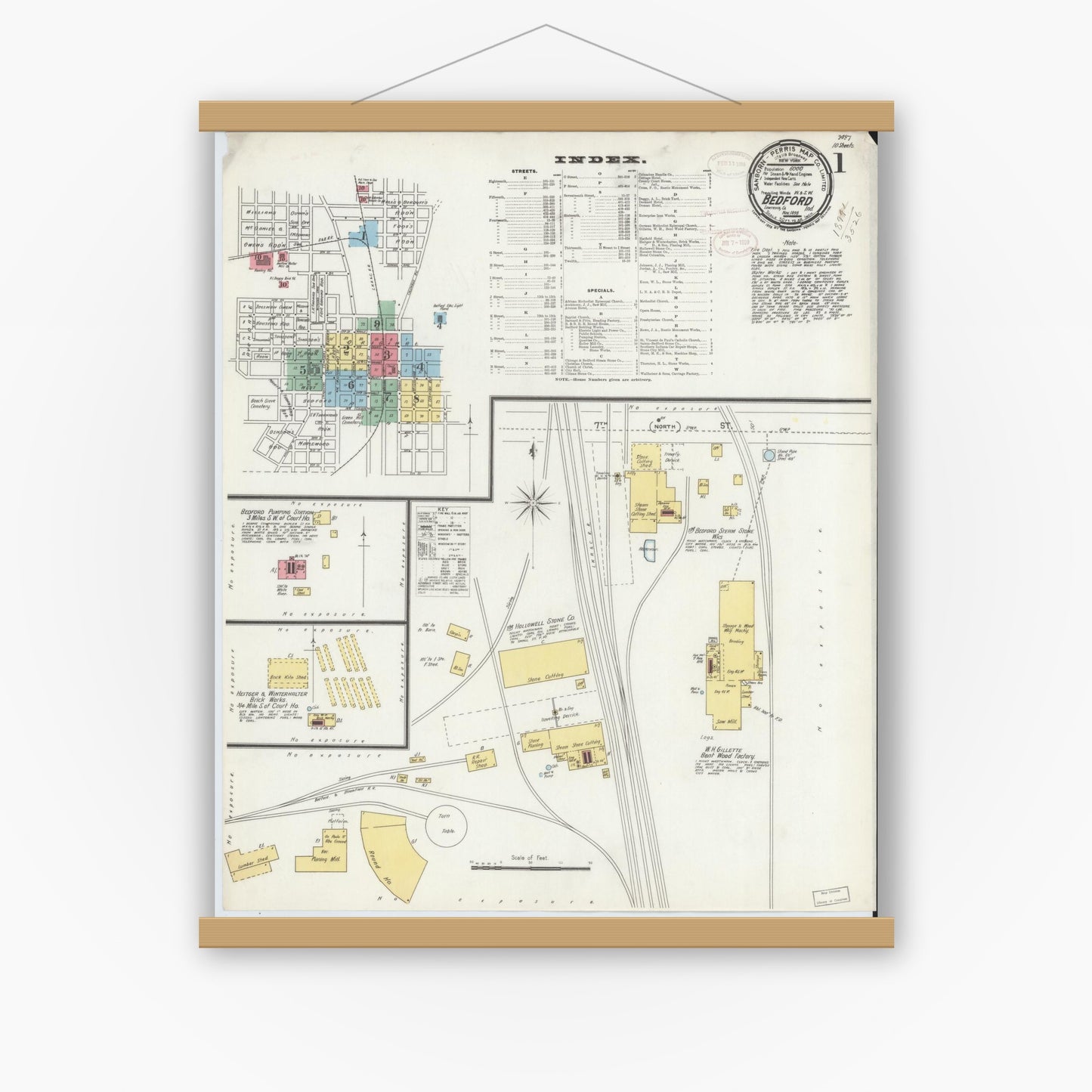 Old map wall art mockup — magnetic wood frame on white wall — Sanborn Fire Insurance Map from Bedford, Lawrence County, Indiana (1898) - Complete Map Set