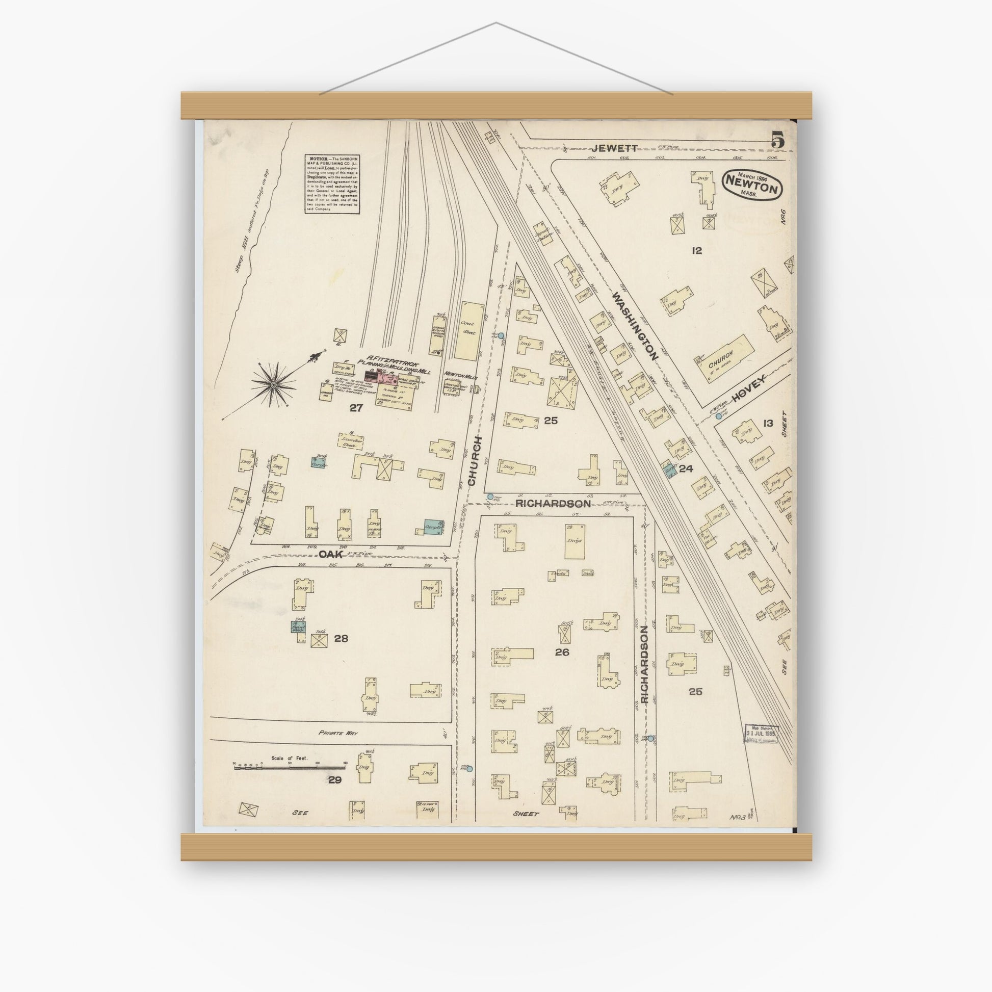 Old map wall art mockup — magnetic wood frame on white wall — Sanborn Fire Insurance Map from Newton, Middlesex County, Massachusetts (1884), Sheet #0005