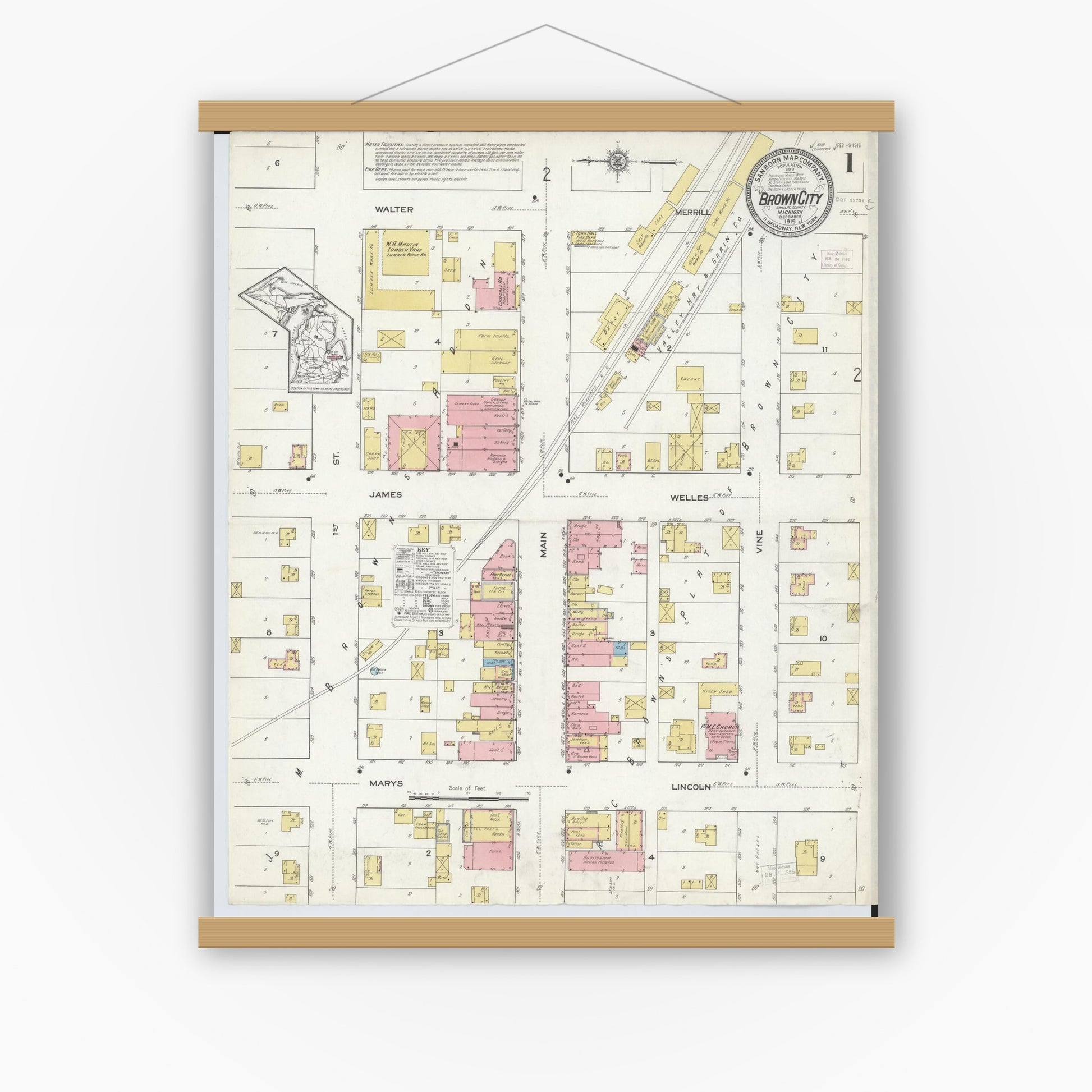 Old map wall art mockup — magnetic wood frame on white wall — Sanborn Fire Insurance Map from Brown City, Sanilac County, Michigan (1915) - Complete Map Set