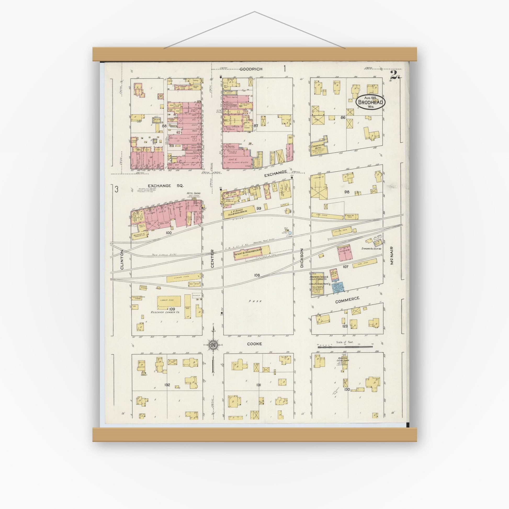 Old map wall art mockup — magnetic wood frame on white wall — Sanborn Fire Insurance Map from Brodhead, Green County, Wisconsin (1915), Sheet #0002