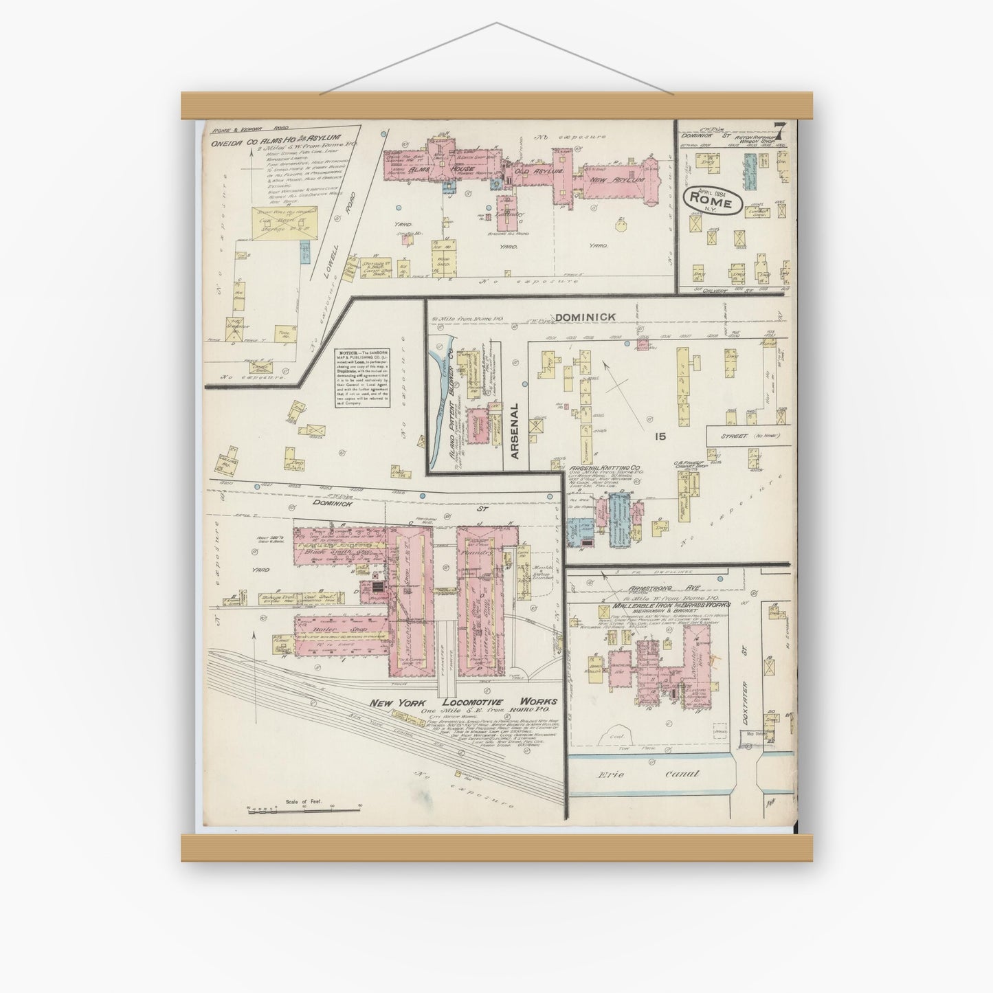 Old map wall art mockup — magnetic wood frame on white wall — Sanborn Fire Insurance Map from Rome, Oneida County, New York (1884), Sheet #0007
