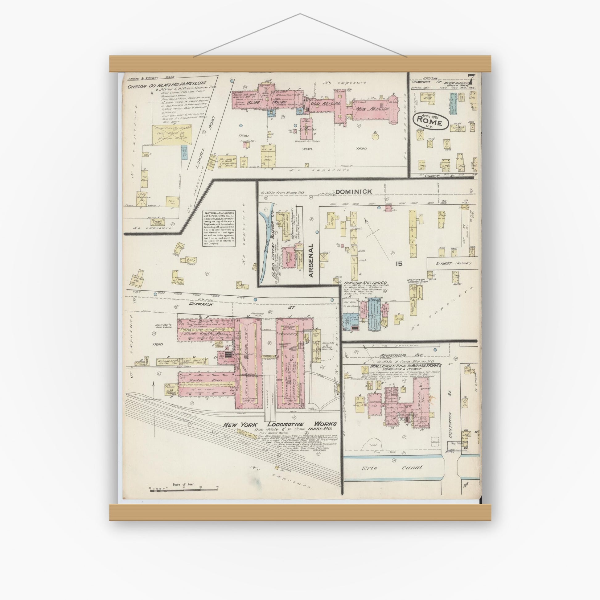 Old map wall art mockup — magnetic wood frame on white wall — Sanborn Fire Insurance Map from Rome, Oneida County, New York (1884), Sheet #0007