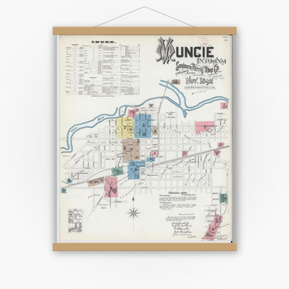 Old map wall art mockup — magnetic wood frame on white wall — Sanborn Fire Insurance Map from Muncie, Delaware County, Indiana (1892), Sheet #0001