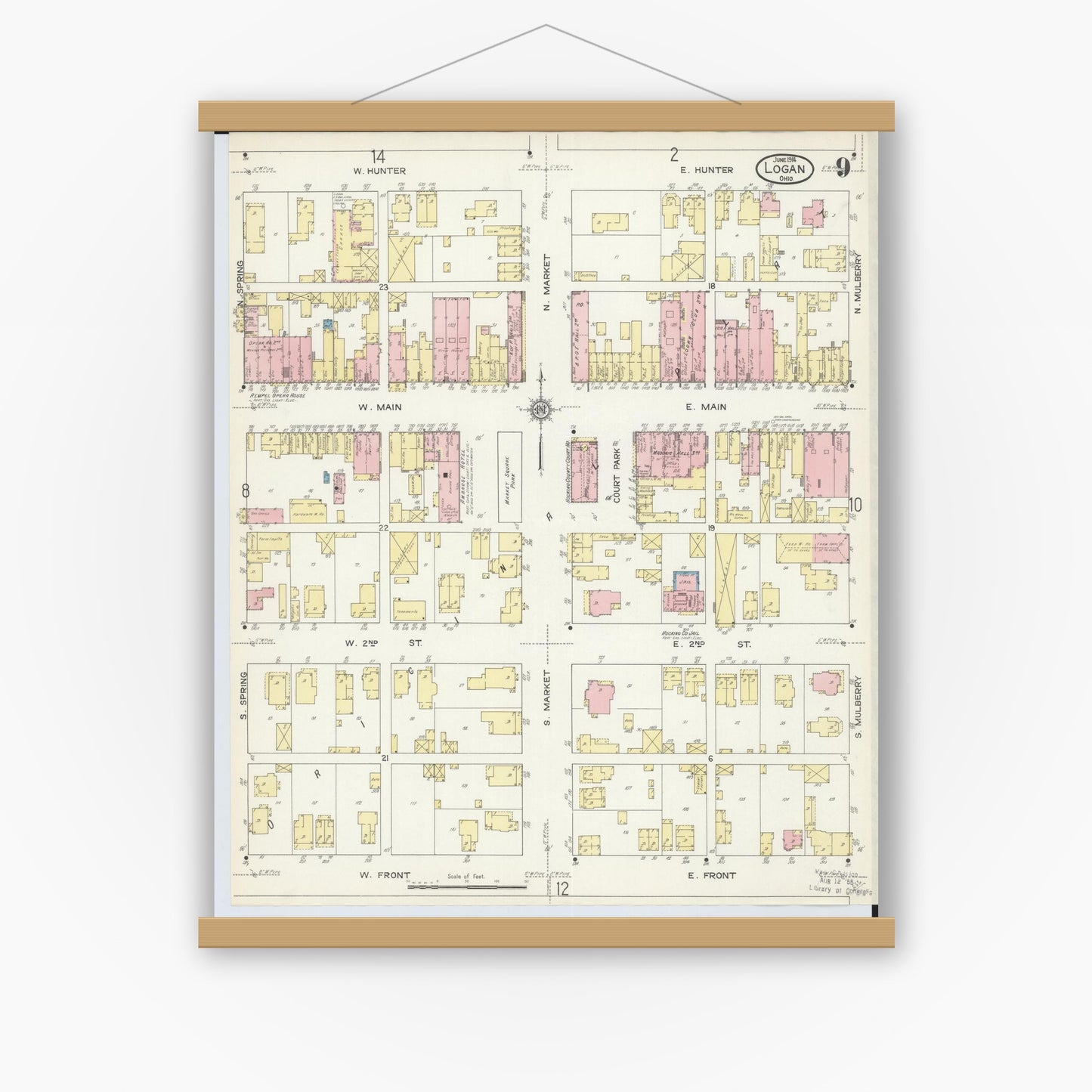Old map wall art mockup — magnetic wood frame on white wall — Sanborn Fire Insurance Map from Logan, Hocking County, Ohio (1914), Sheet #0009