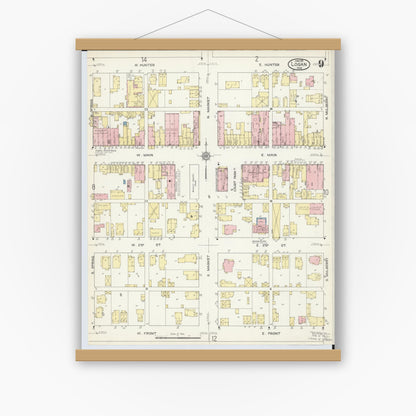 Old map wall art mockup — magnetic wood frame on white wall — Sanborn Fire Insurance Map from Logan, Hocking County, Ohio (1914), Sheet #0009