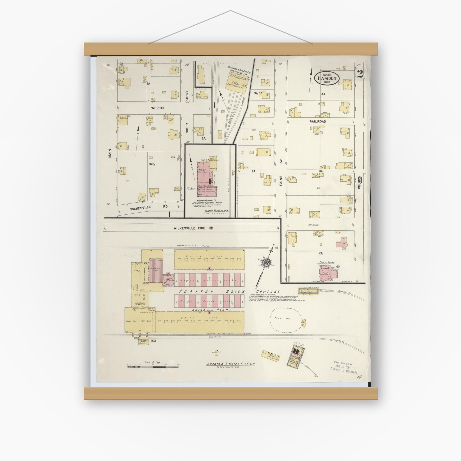 Old map wall art mockup — magnetic wood frame on white wall — Sanborn Fire Insurance Map from Hamden, Vinton County, Ohio (1911), Sheet #0002