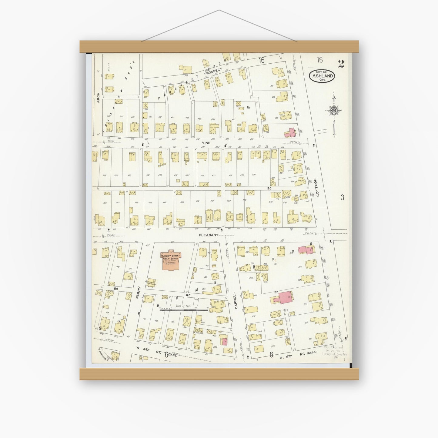 Old map wall art mockup — magnetic wood frame on white wall — Sanborn Fire Insurance Map from Ashland, Ashland County, Ohio (1911), Sheet #0002
