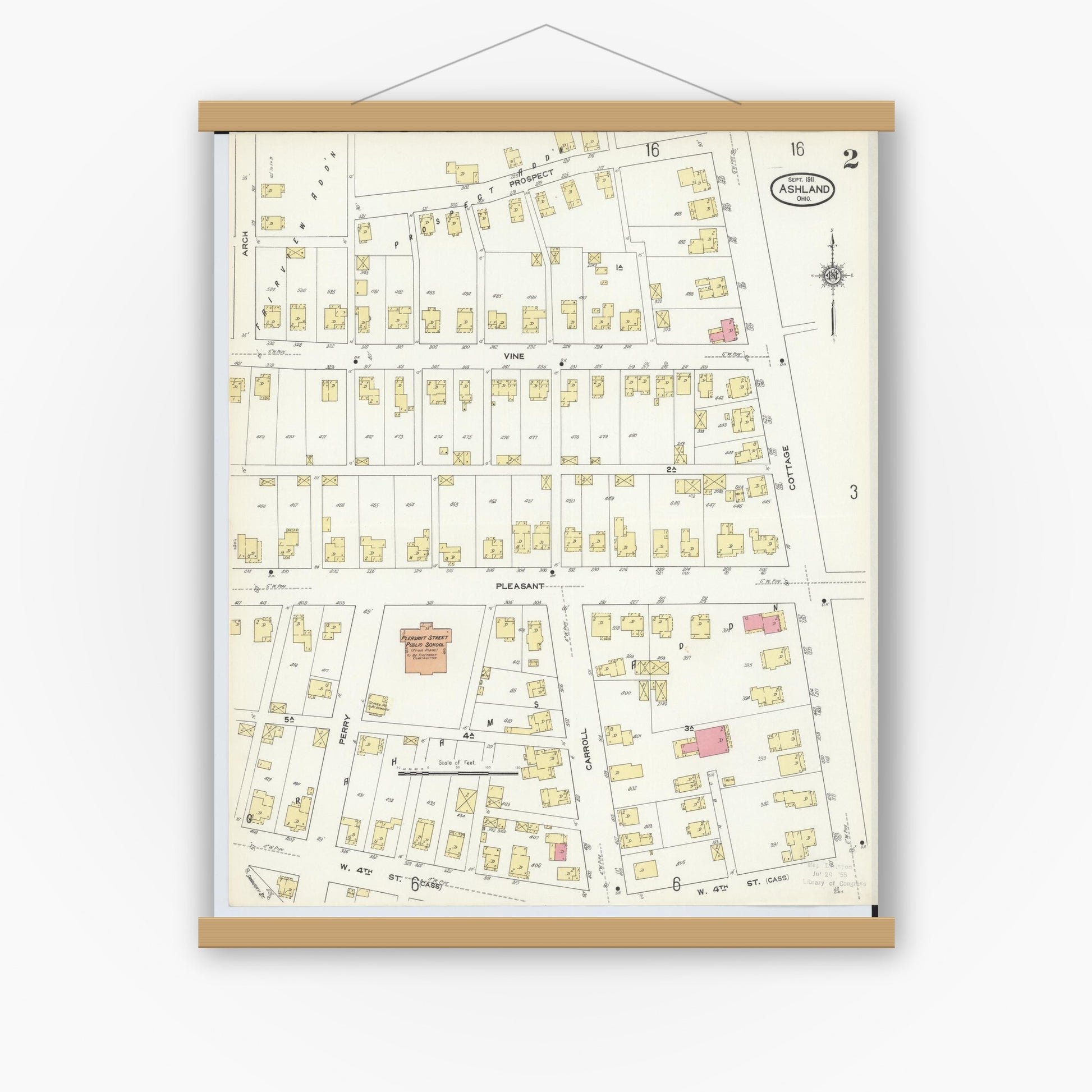 Old map wall art mockup — magnetic wood frame on white wall — Sanborn Fire Insurance Map from Ashland, Ashland County, Ohio (1911), Sheet #0002