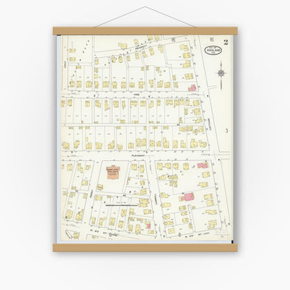 Old map wall art mockup — magnetic wood frame on white wall — Sanborn Fire Insurance Map from Ashland, Ashland County, Ohio (1911), Sheet #0002