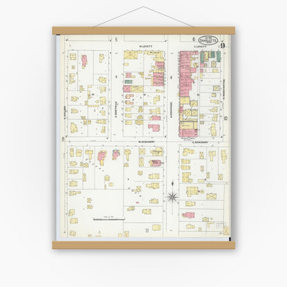 Old map wall art mockup — magnetic wood frame on white wall — Sanborn Fire Insurance Map from Charlotte, Eaton County, Michigan (1904), Sheet #0009
