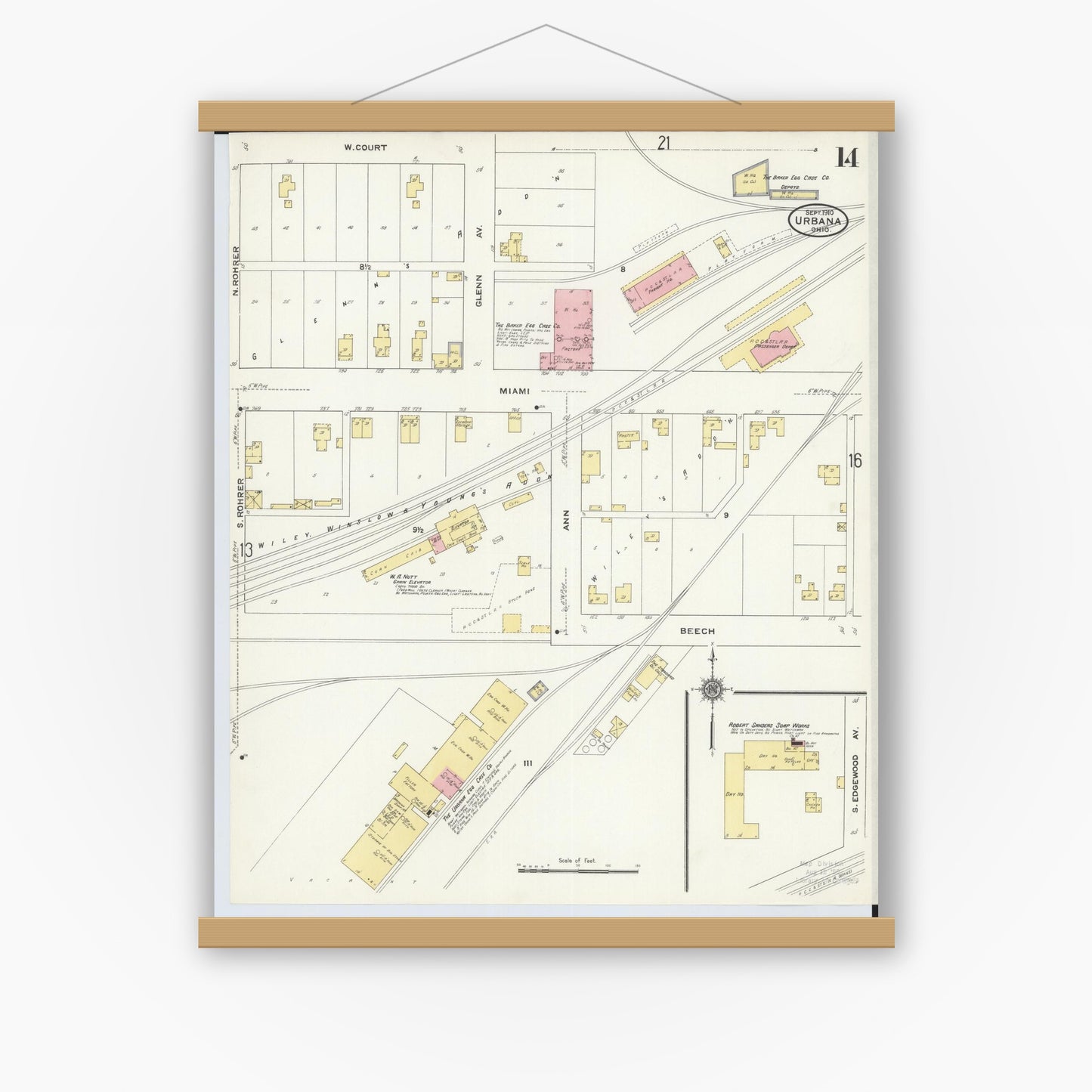 Old map wall art mockup — magnetic wood frame on white wall — Sanborn Fire Insurance Map from Urbana, Champaign County, Ohio (1910), Sheet #0014