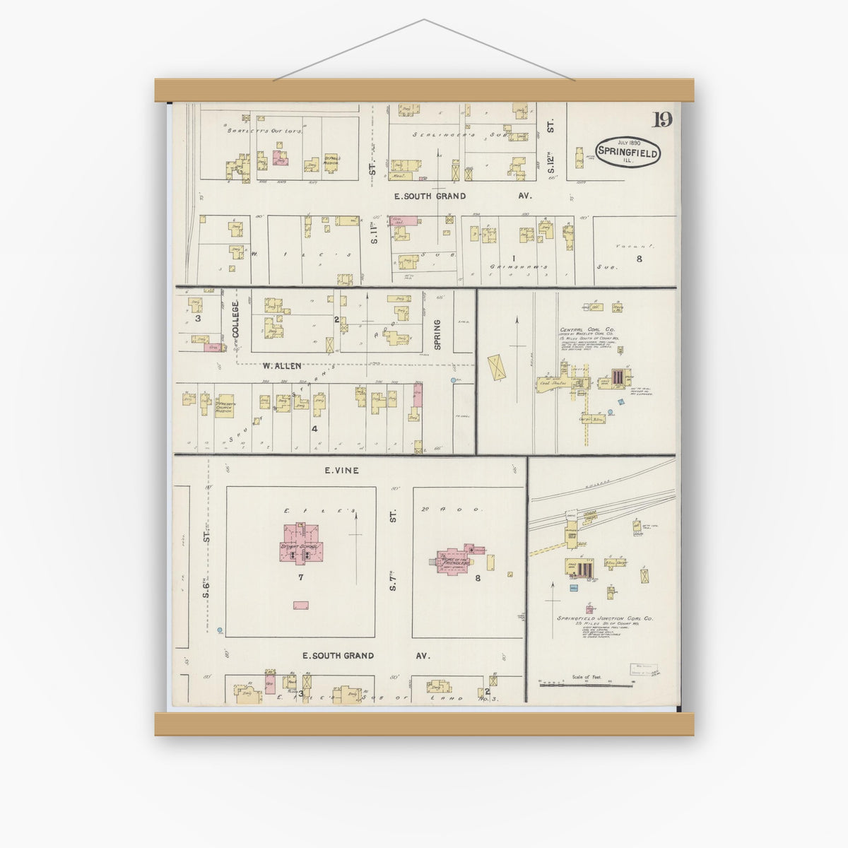 Old map wall art mockup — magnetic wood frame on white wall — Sanborn Fire Insurance Map from Springfield, Sangamon County, Illinois (1890), Sheet #0019