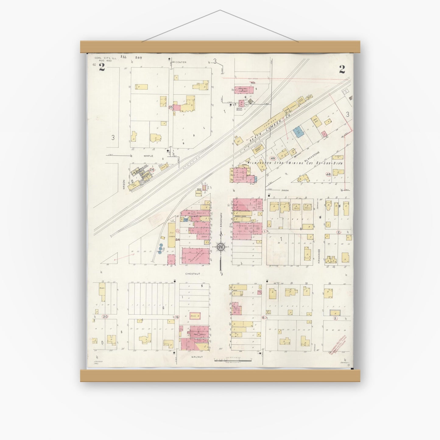 Old map wall art mockup — magnetic wood frame on white wall — Sanborn Fire Insurance Map from Coal City, Grundy County, Illinois (1943), Sheet #0002